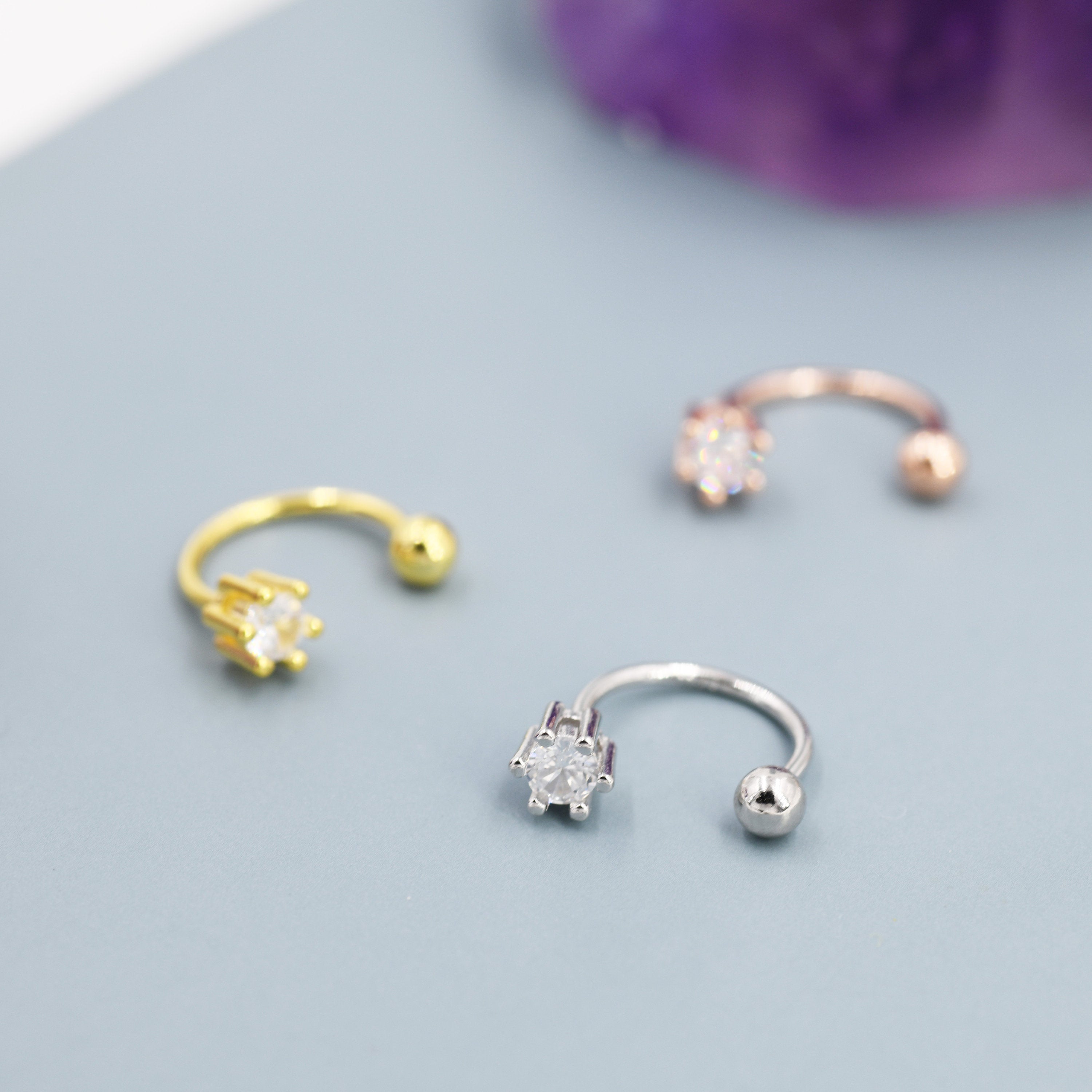 Huggie Hoop Earrings (2Pc) with Screw Back in Sterling Silver, Sparkly CZ Crystals (Lab Diamond), Curved Barbell Earrings