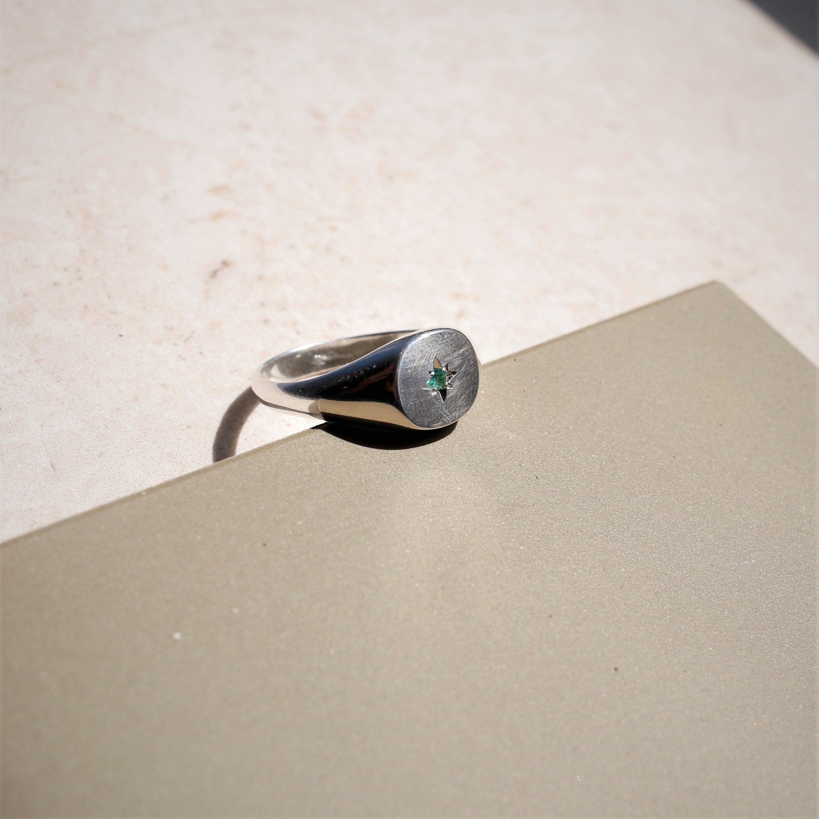 Emerald Star Signet Ring/Nara/Sterling Silver & Gold Vermeil
