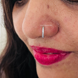 Natural Diamond Nose Ring, Helix Tragus Daith Piercing, Solid Gold Diamond Huggie Hoop Earring, 10K 14K Cartilage Clicker, 6Mm 8Mm 10Mm 12Mm