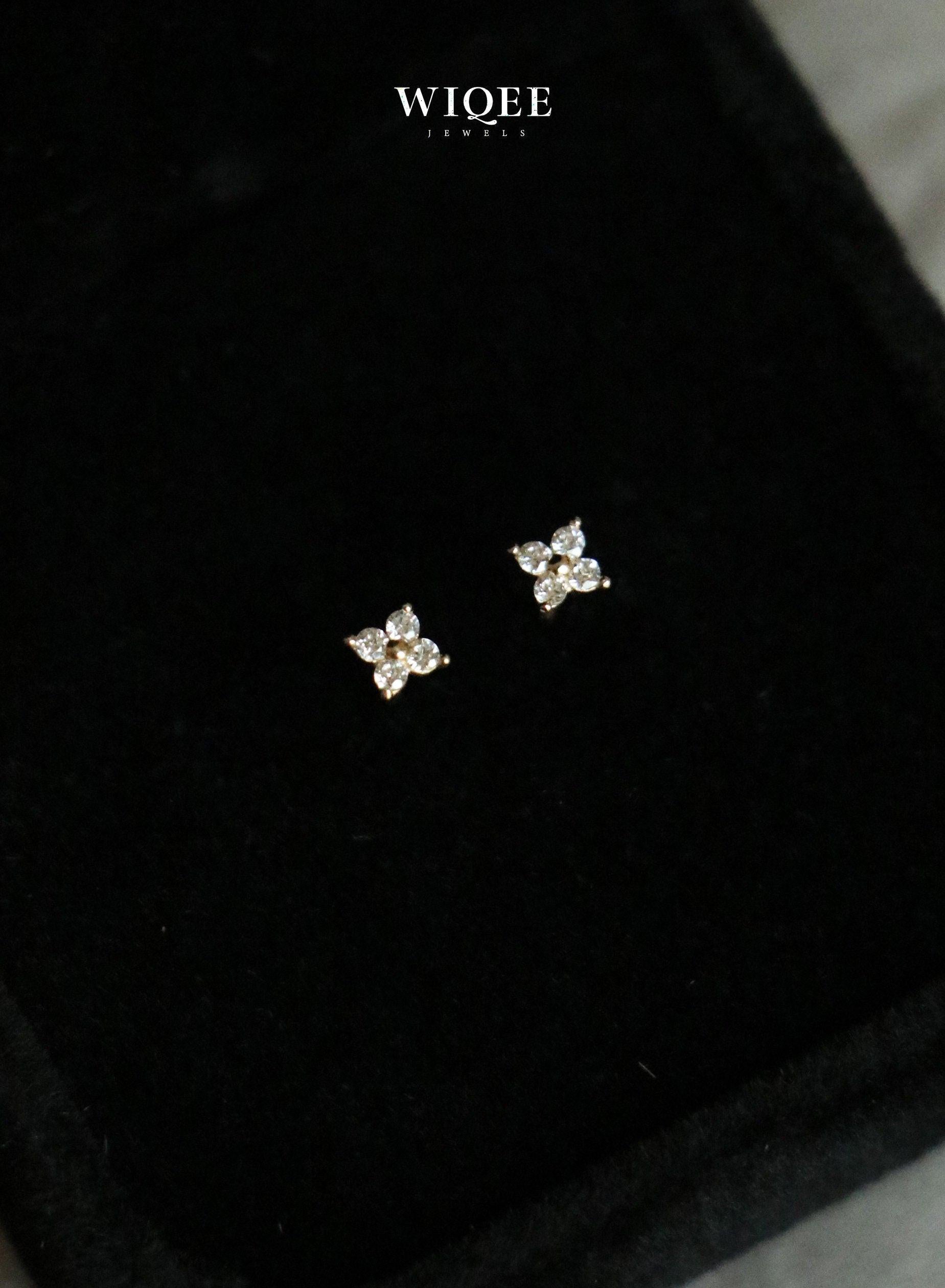 Radiant 14K Solid Gold Dainty Four-Leaf Clover Stud Earrings for Good Luck.