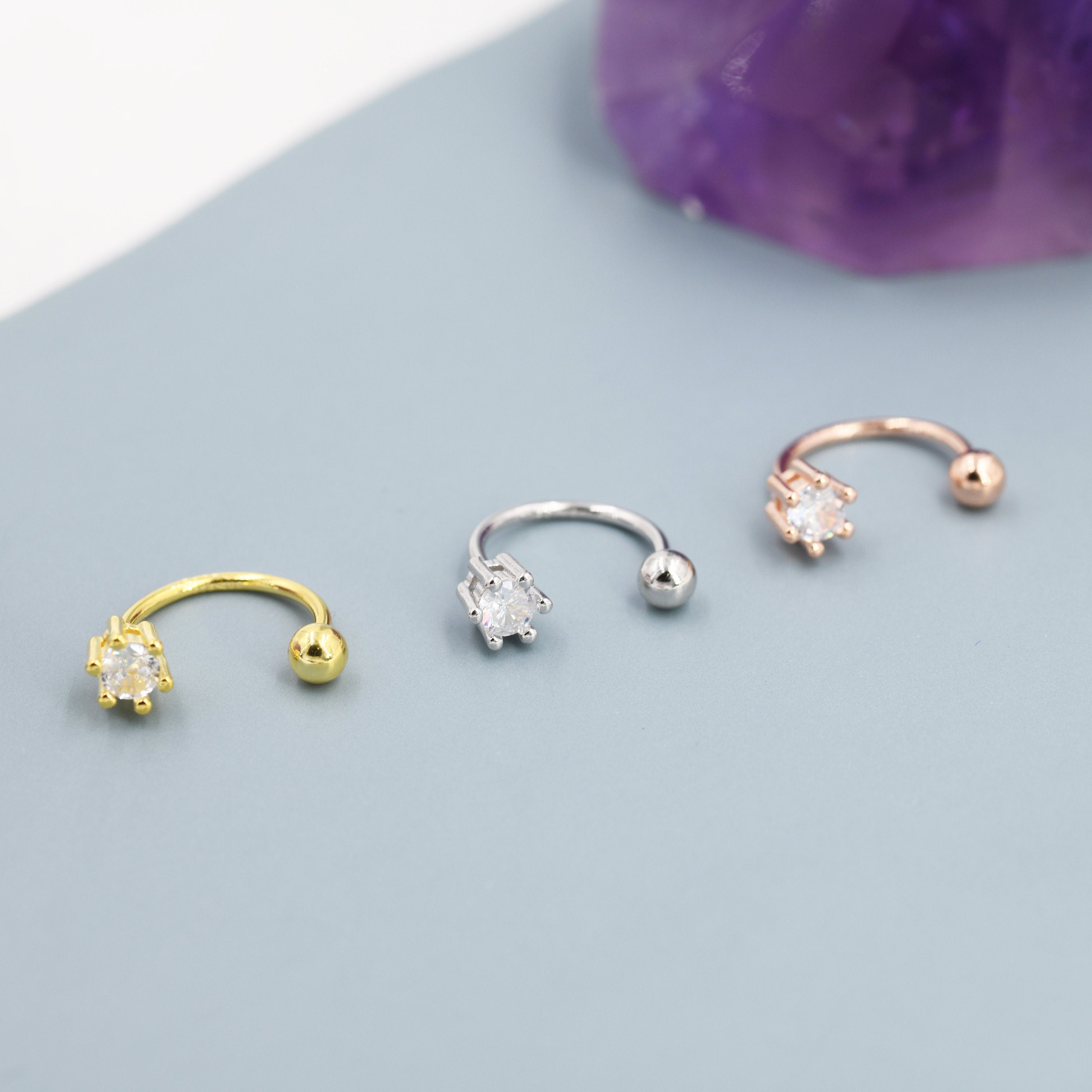Huggie Hoop Earrings (2Pc) with Screw Back in Sterling Silver, Sparkly CZ Crystals (Lab Diamond), Curved Barbell Earrings