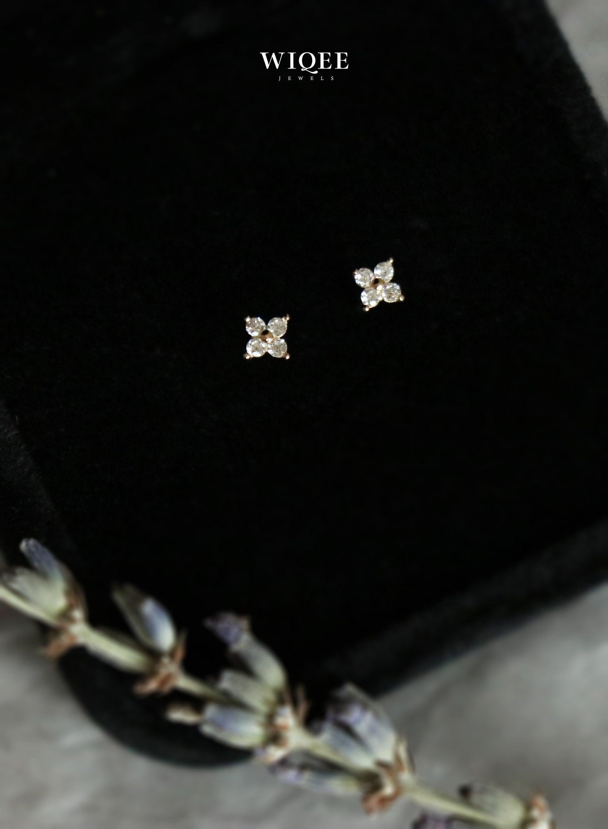 Radiant 14K Solid Gold Dainty Four-Leaf Clover Stud Earrings for Good Luck.