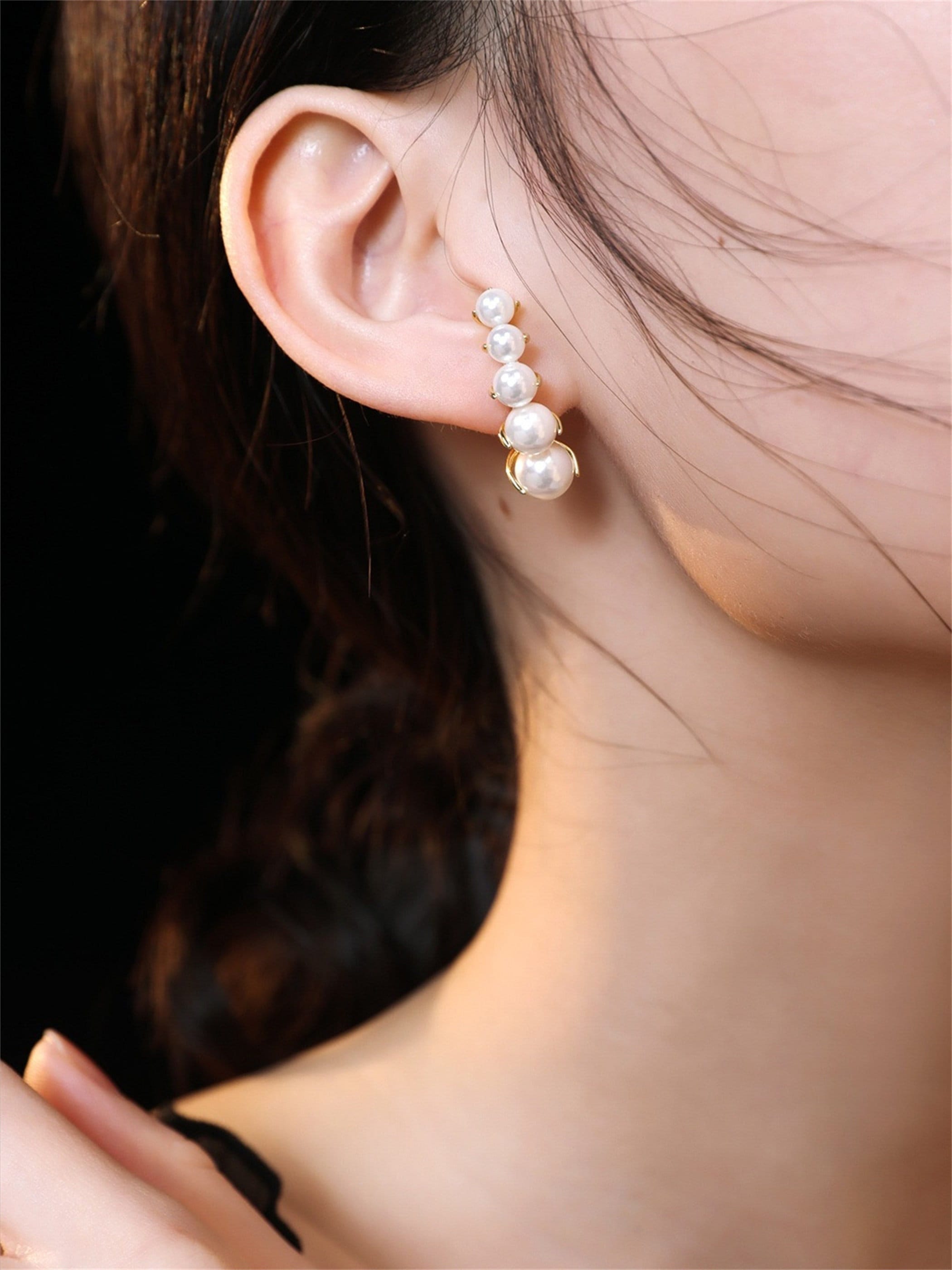 Pearls Ear Climber with Sterling Silver ,Ear Lobe Stud Earrings , Gold Ear Climber, Climber Earrings, Ear Cuff, Minimalist Modern Earrings