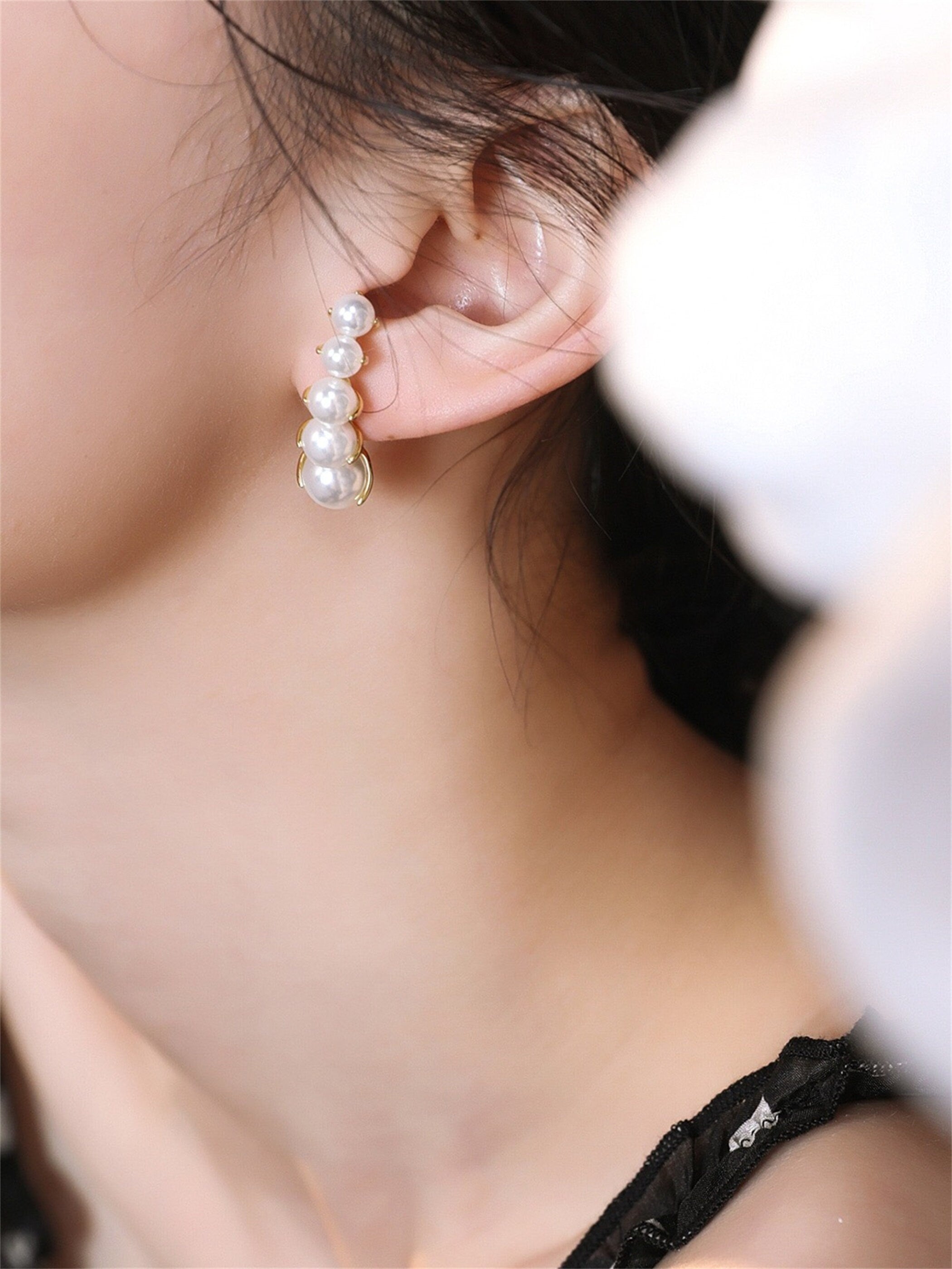 Pearls Ear Climber with Sterling Silver ,Ear Lobe Stud Earrings , Gold Ear Climber, Climber Earrings, Ear Cuff, Minimalist Modern Earrings