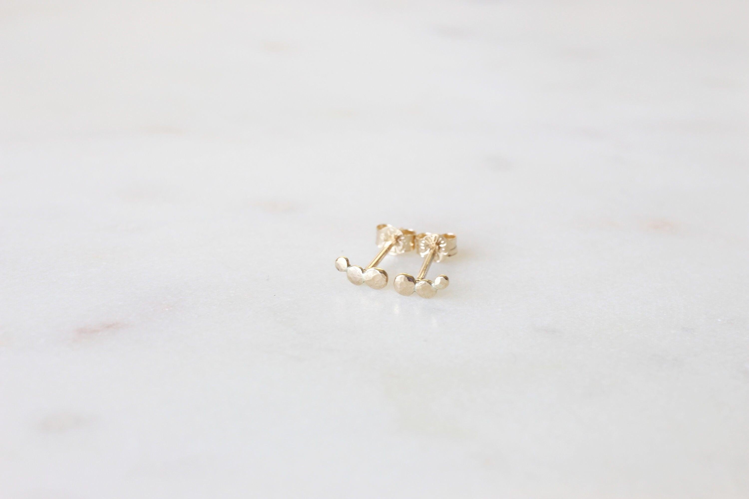 Elegant Solid Gold Hammered Triple Dot Stud Earrings - Available in 9K, 14K, & 18K Gold.