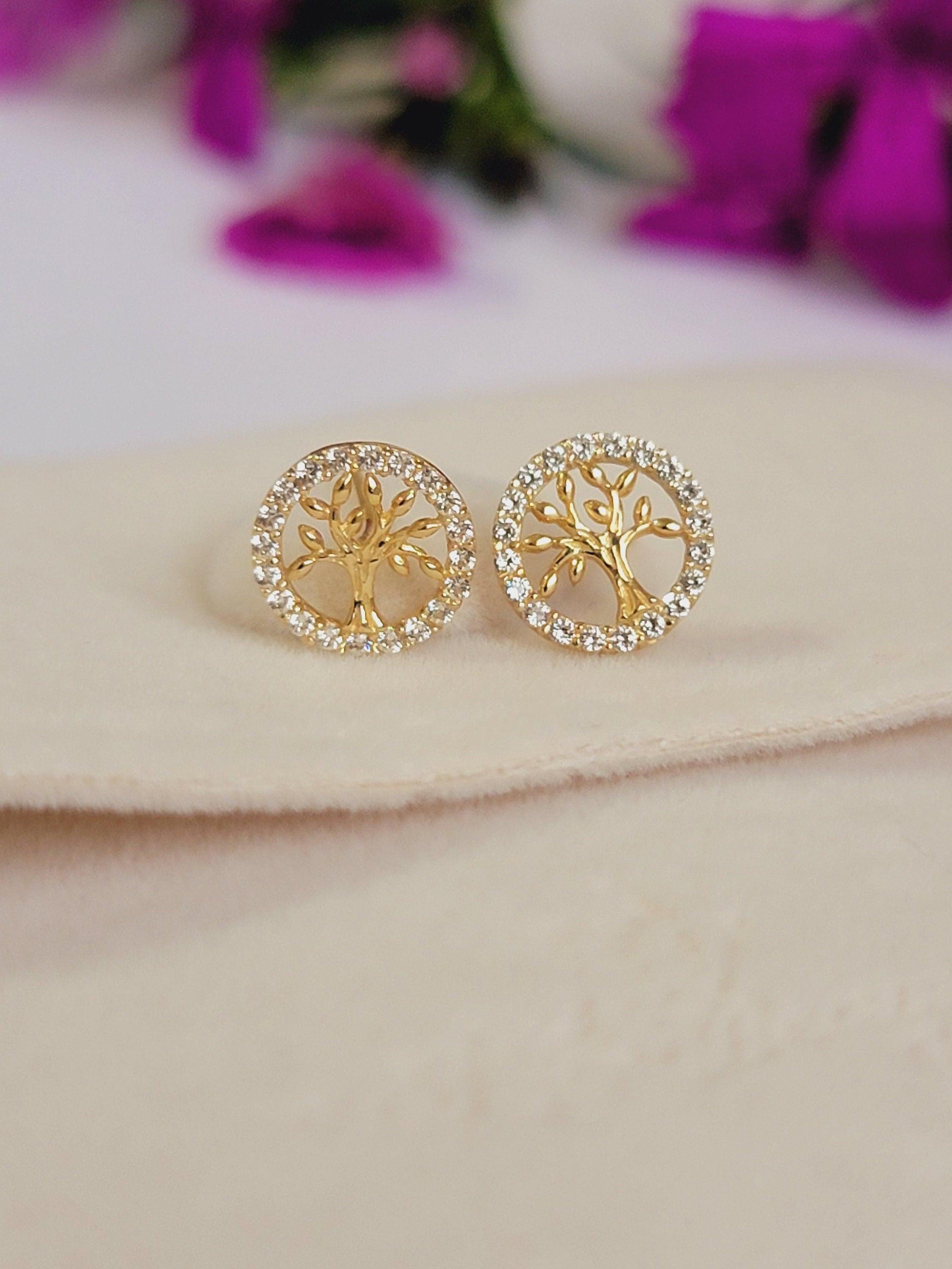 14K Gold Diamond Tree of Life Earrings – Elegant and Meaningful Studs for Everyday Luxury and Special Occasions.
