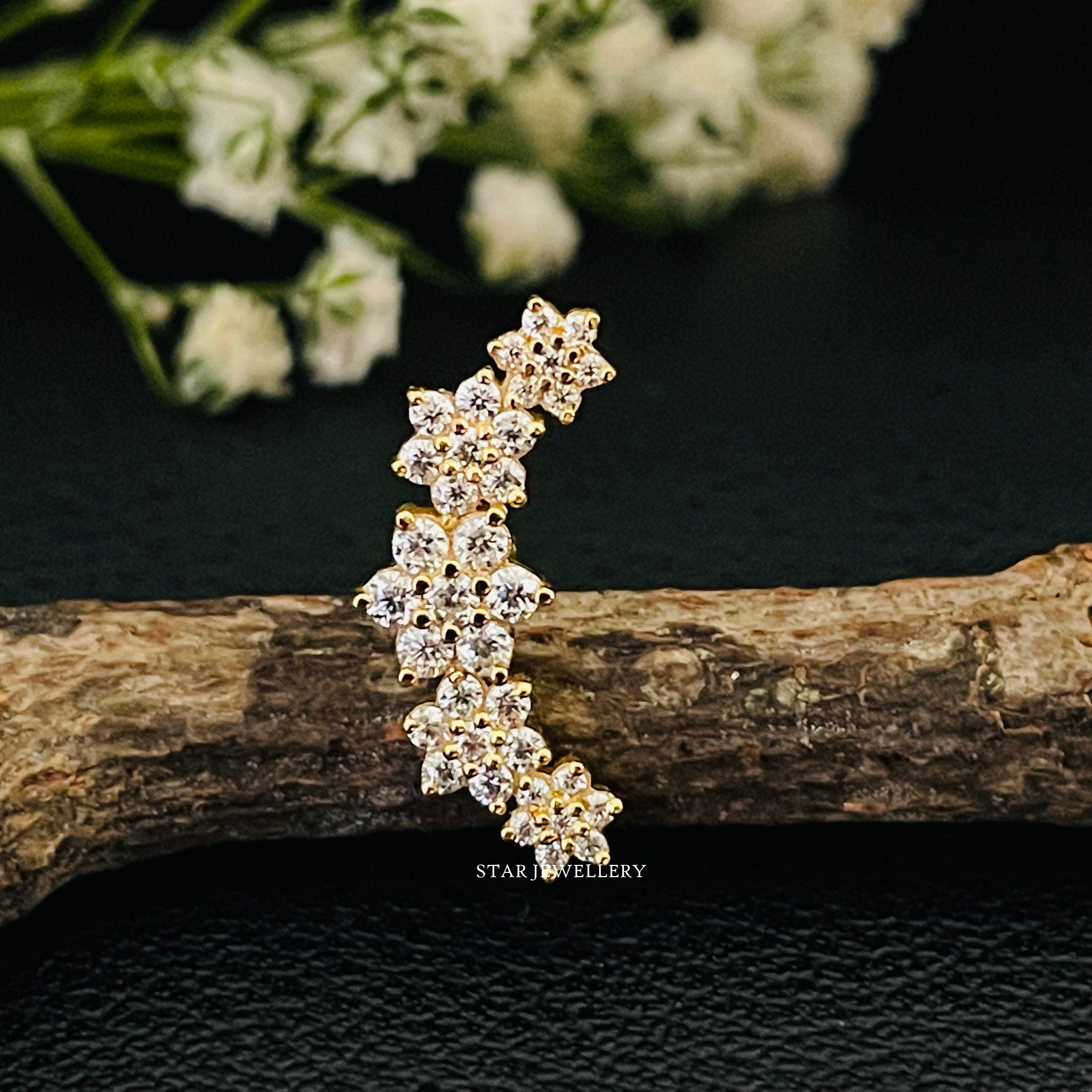 14K Gold Diamond Flower Ear Climber Earrings
