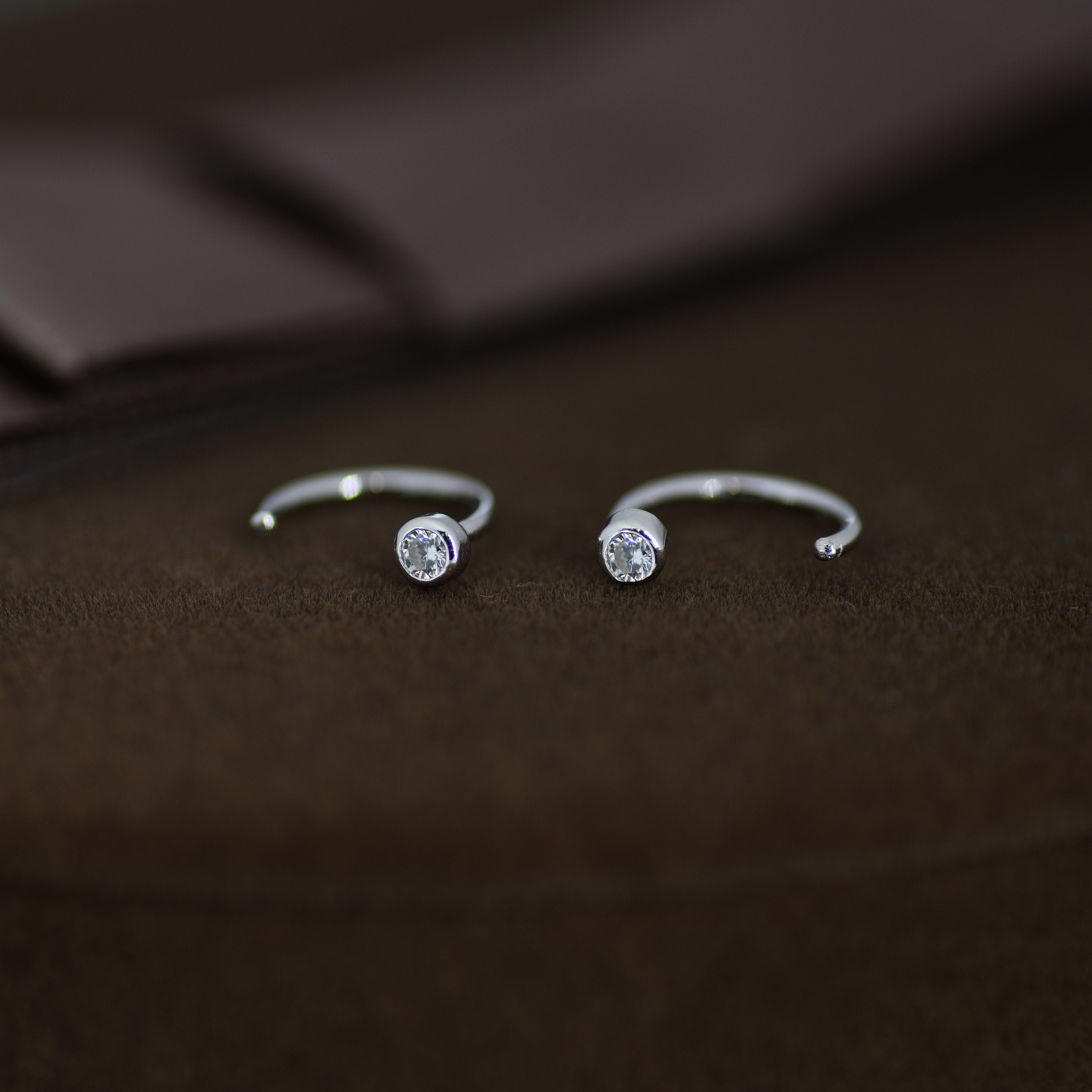 2Mm Diamond CZ Huggie Hoop Earrings in Sterling Silver, Silver, or Gold, Half Hoop, Open Hoop, Pull Through, Dainty Earrings