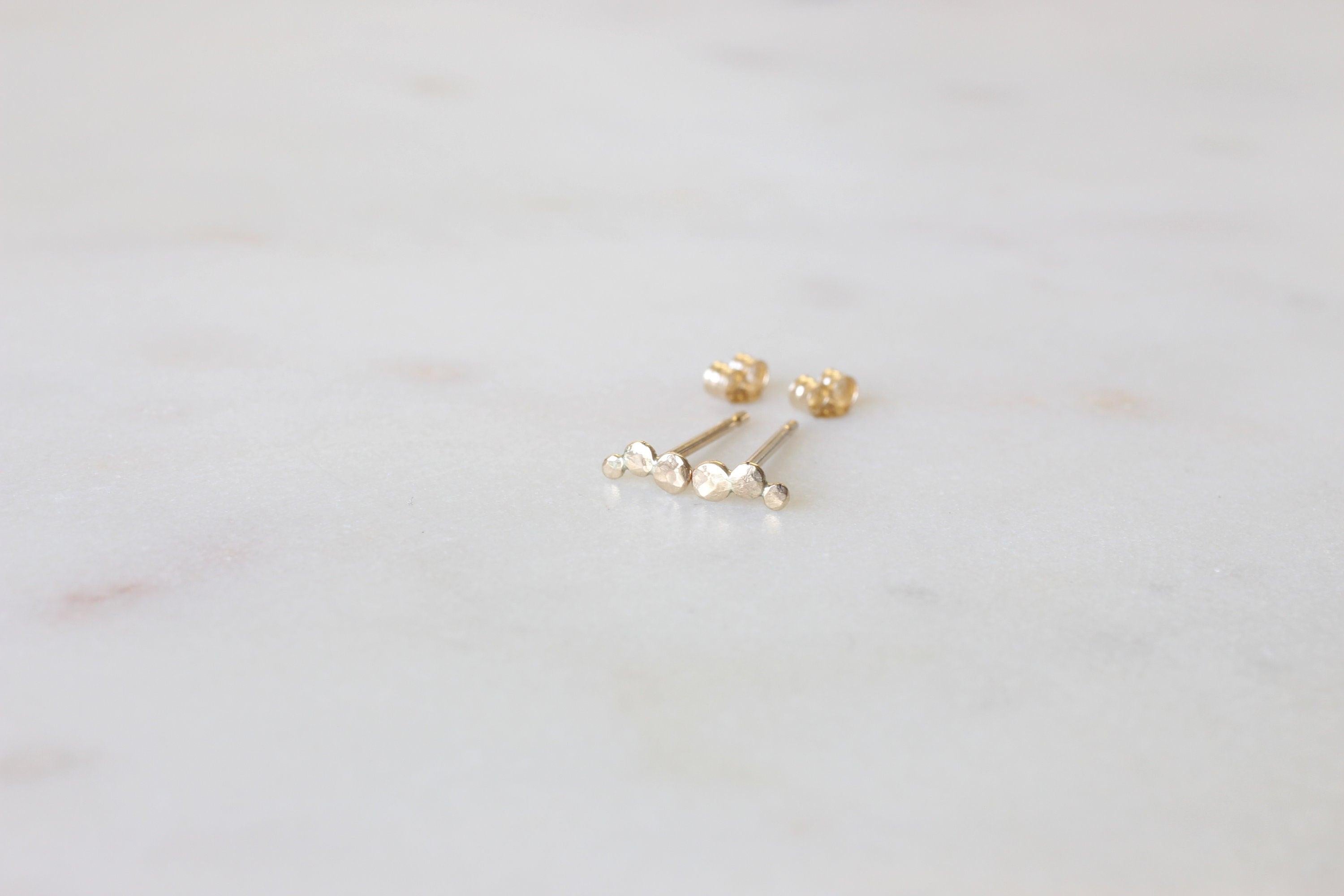 Elegant Solid Gold Hammered Triple Dot Stud Earrings - Available in 9K, 14K, & 18K Gold.