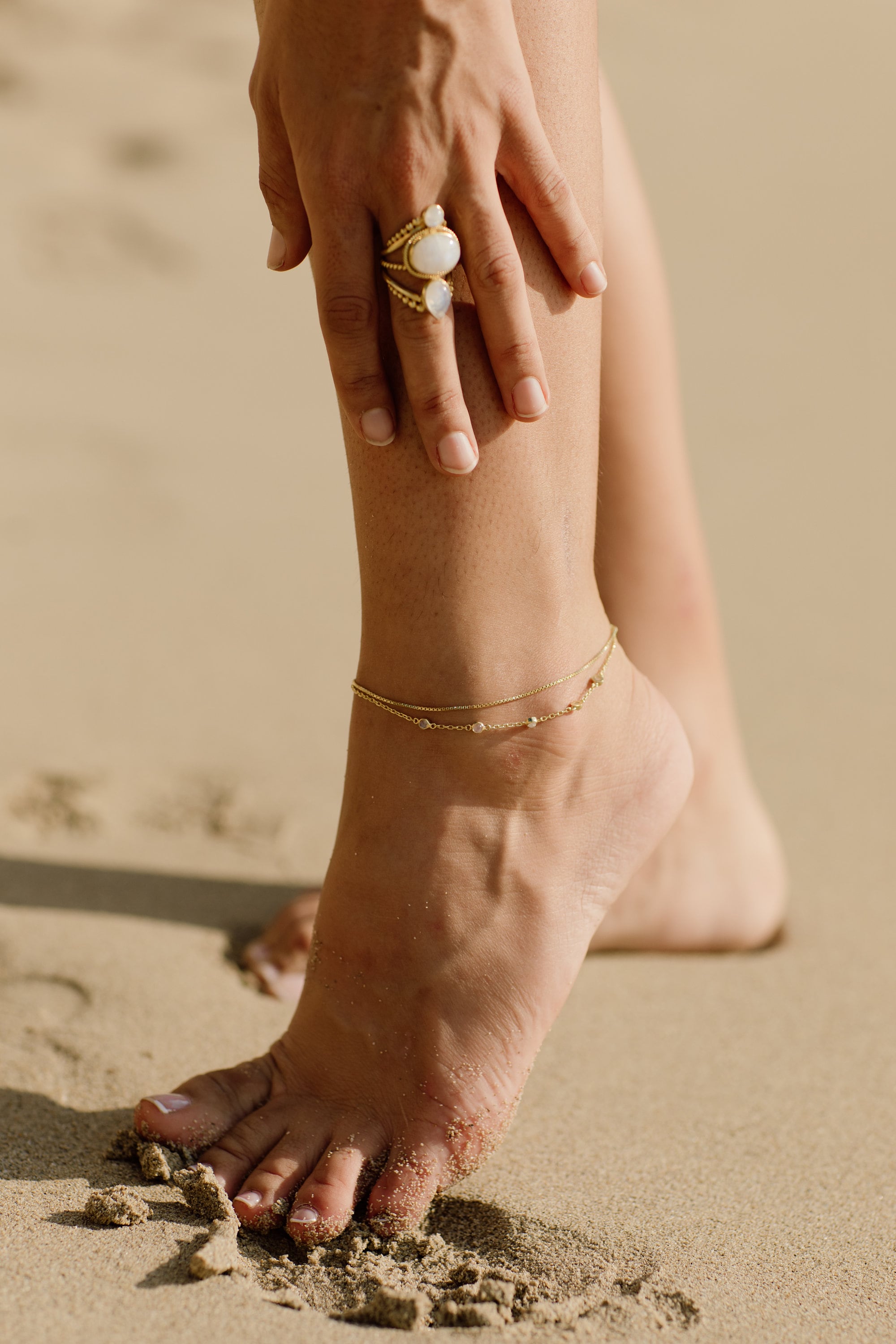 Cleo 14K Gold Moonstone Anklet, Fine Dainty Double Chained Anklet, June Birthstone, Boho Dainty Cute Two Layers Gold Anklet, Gift for Her