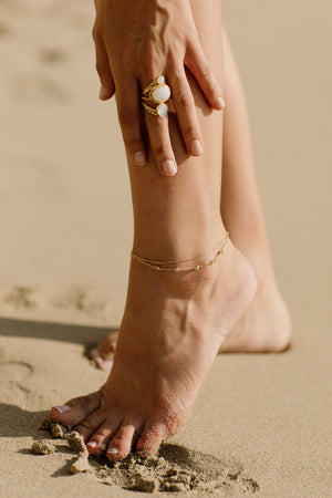 Cleo 14K Gold Moonstone Anklet, Fine Dainty Double Chained Anklet, June Birthstone, Boho Dainty Cute Two Layers Gold Anklet, Gift for Her