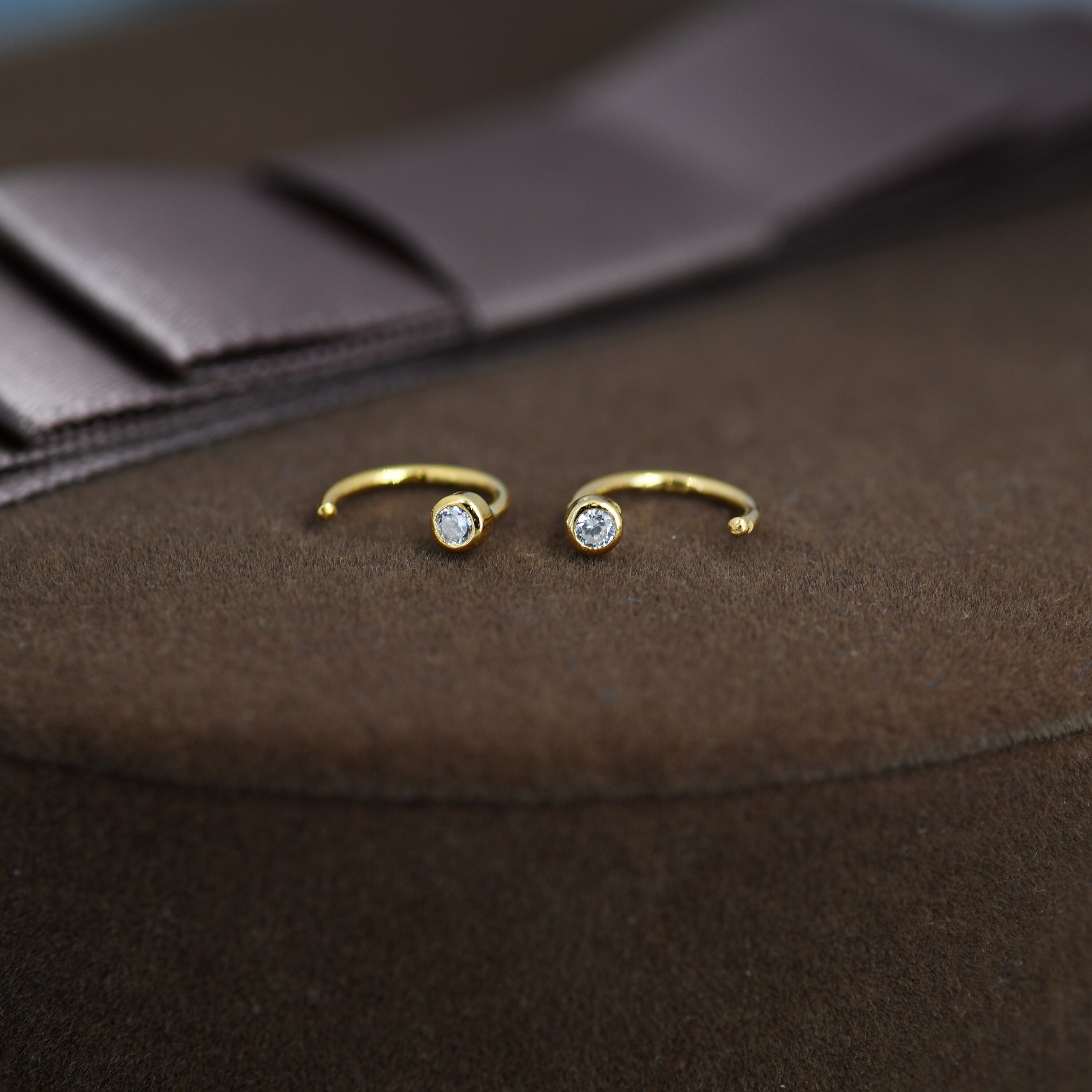2Mm Diamond CZ Huggie Hoop Earrings in Sterling Silver, Silver, or Gold, Half Hoop, Open Hoop, Pull Through, Dainty Earrings