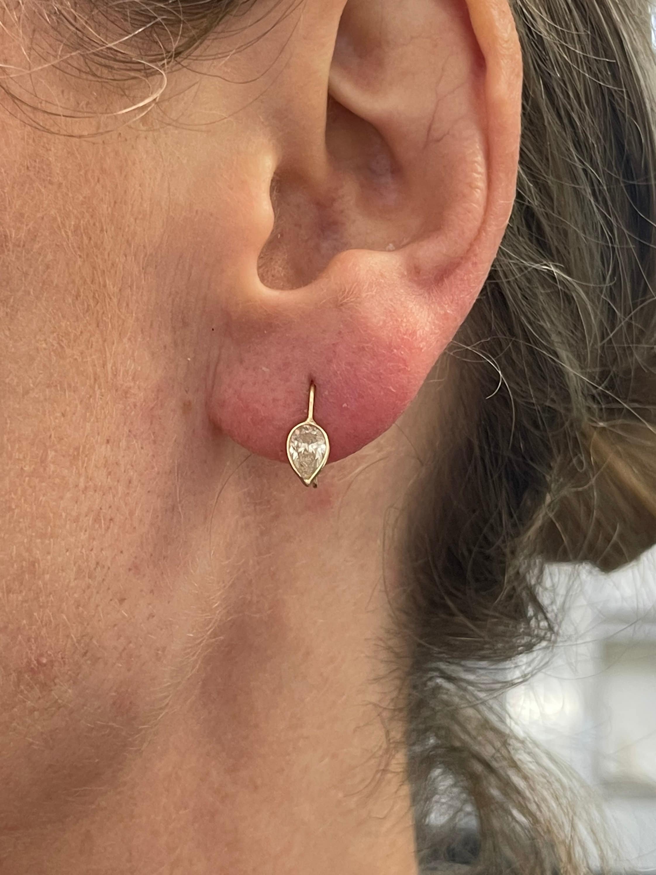 Unique Natural Untreated .78CT Pear Shape Diamond 14K Yellow Gold Upside down Set Wire Hook Earrings