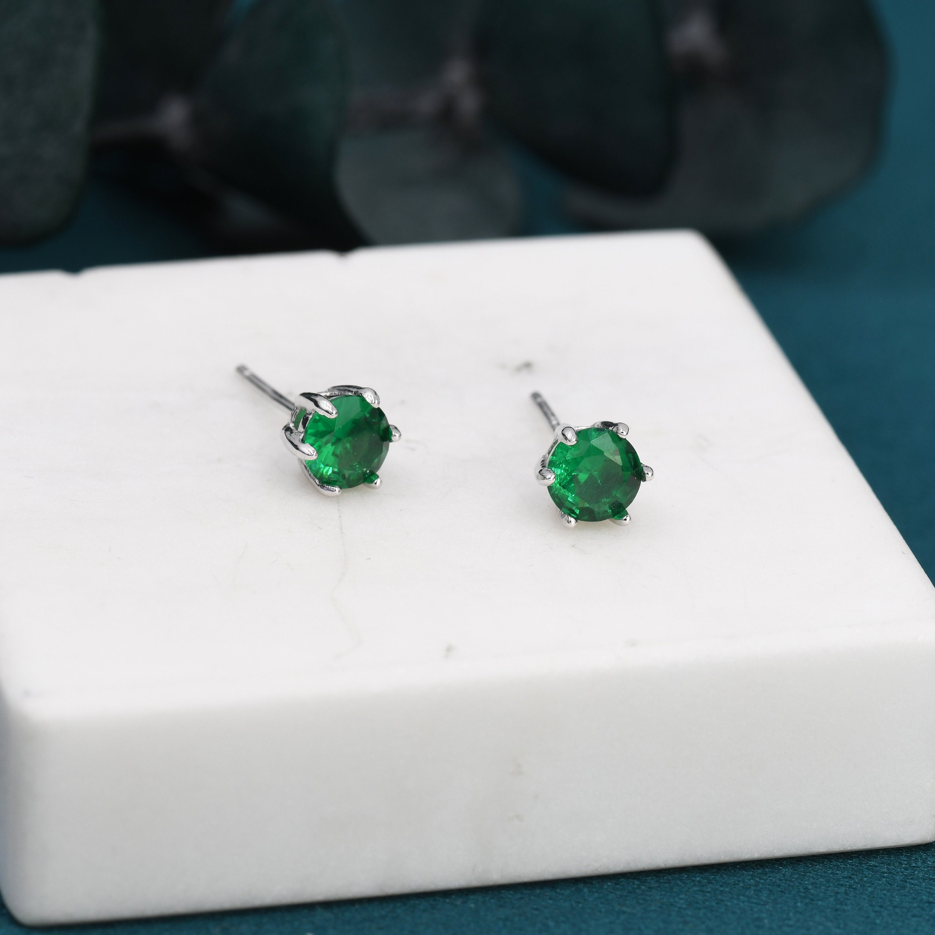 Emerald Green CZ Stud Earrings in Sterling Silver, Available in 3Mm 4Mm 5Mm 6Mm, Brilliant Cut Emerald Green CZ Earrings, Prong Set