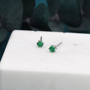 Emerald Green CZ Stud Earrings in Sterling Silver, Available in 3Mm 4Mm 5Mm 6Mm, Brilliant Cut Emerald Green CZ Earrings, Prong Set
