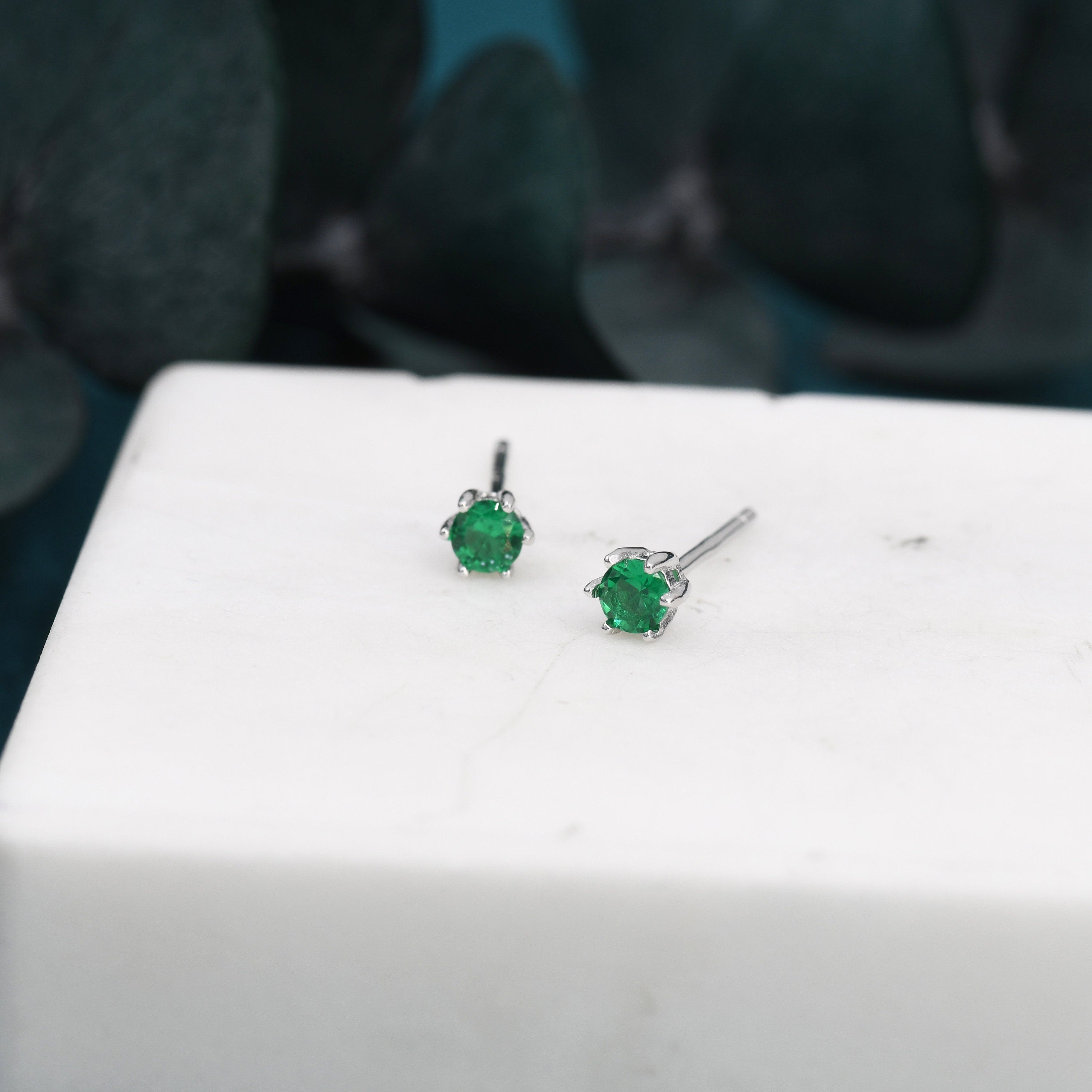Emerald Green CZ Stud Earrings in Sterling Silver, Available in 3Mm 4Mm 5Mm 6Mm, Brilliant Cut Emerald Green CZ Earrings, Prong Set