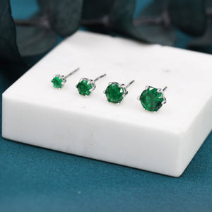 Emerald Green CZ Stud Earrings in Sterling Silver, Available in 3Mm 4Mm 5Mm 6Mm, Brilliant Cut Emerald Green CZ Earrings, Prong Set