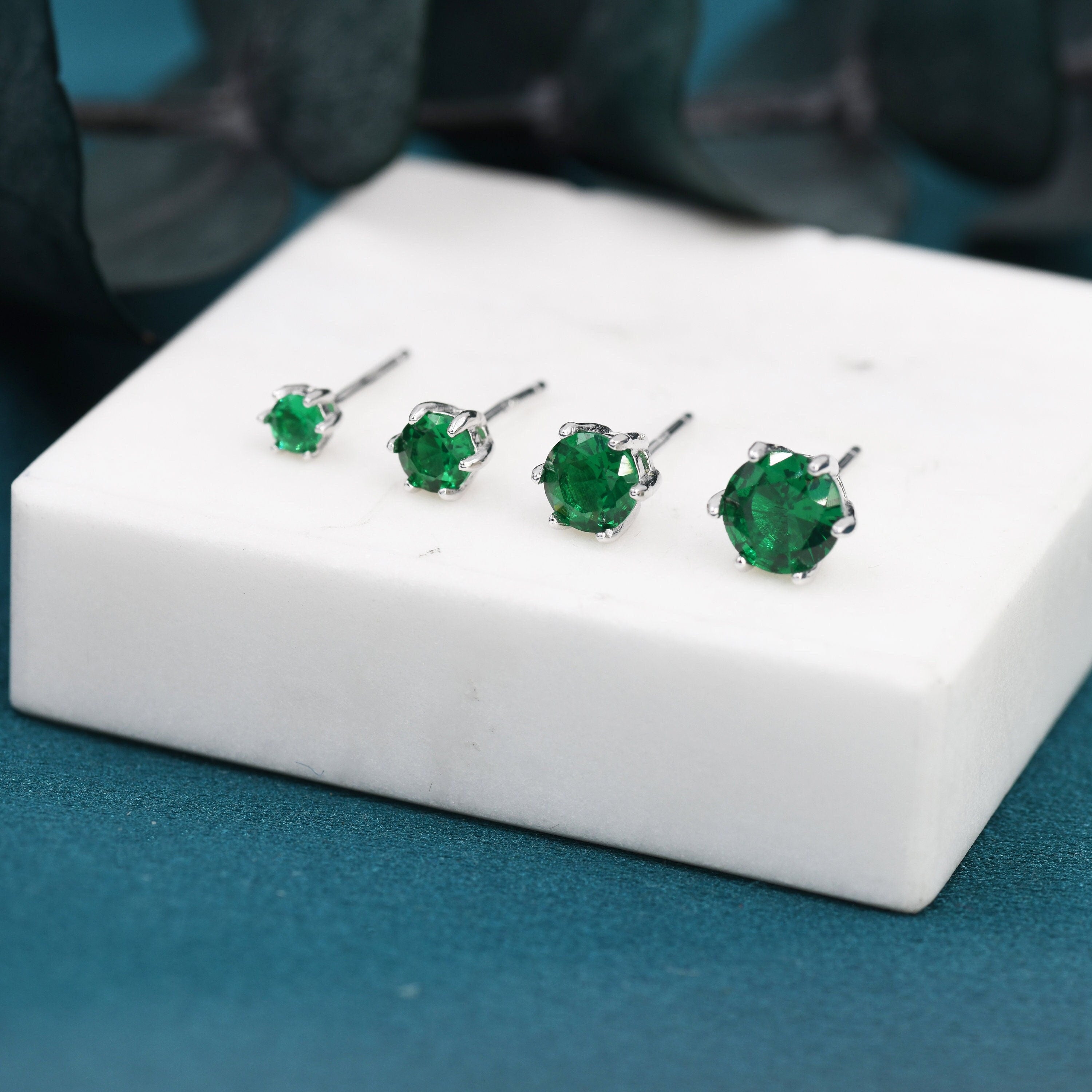 Emerald Green CZ Stud Earrings in Sterling Silver, Available in 3Mm 4Mm 5Mm 6Mm, Brilliant Cut Emerald Green CZ Earrings, Prong Set
