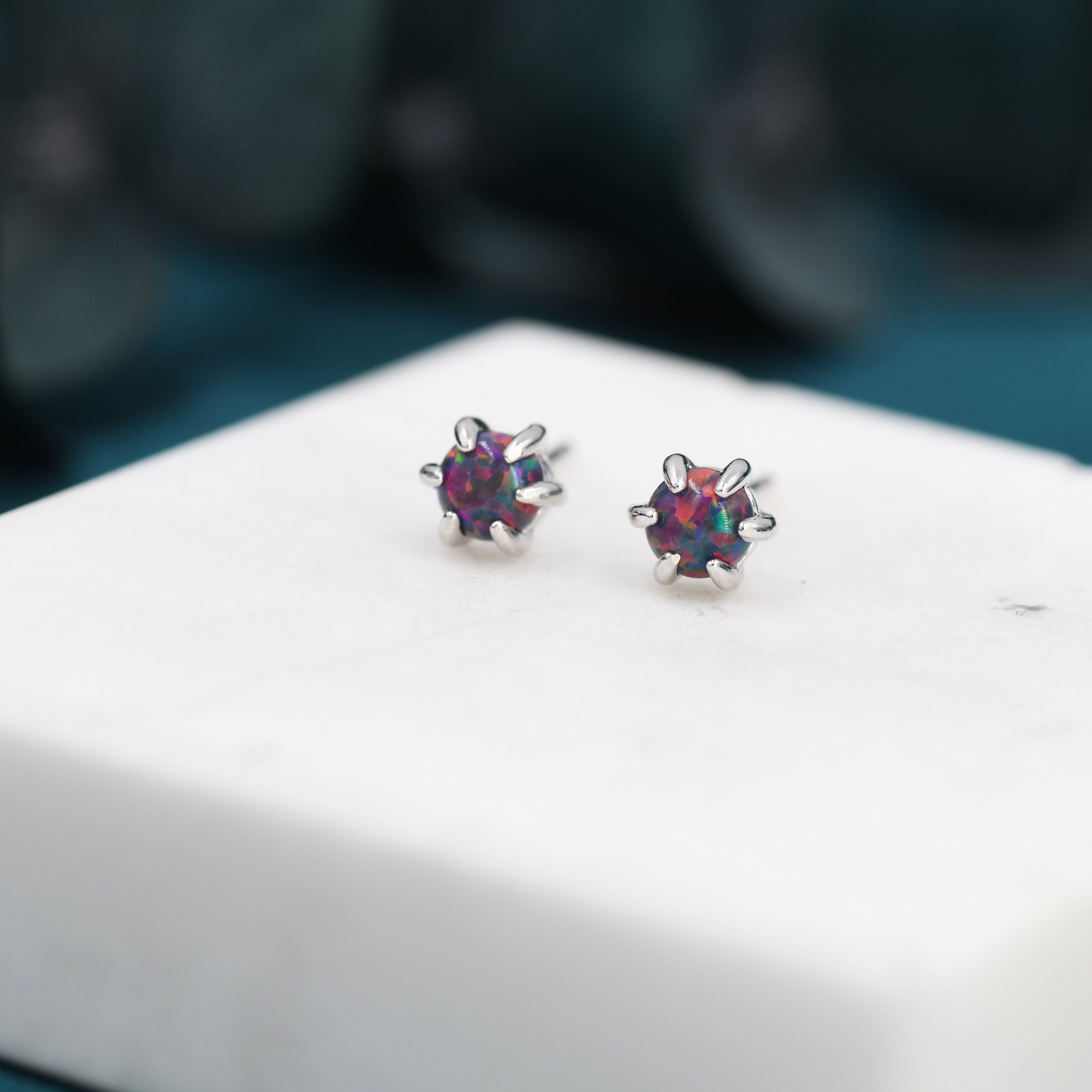 Cosmic Purple Opal Long Prong Stud Earrings in Sterling Silver, Silver or Gold, Opal Earrings, Tiny Opal Earrings, Dainty Opal Earrings