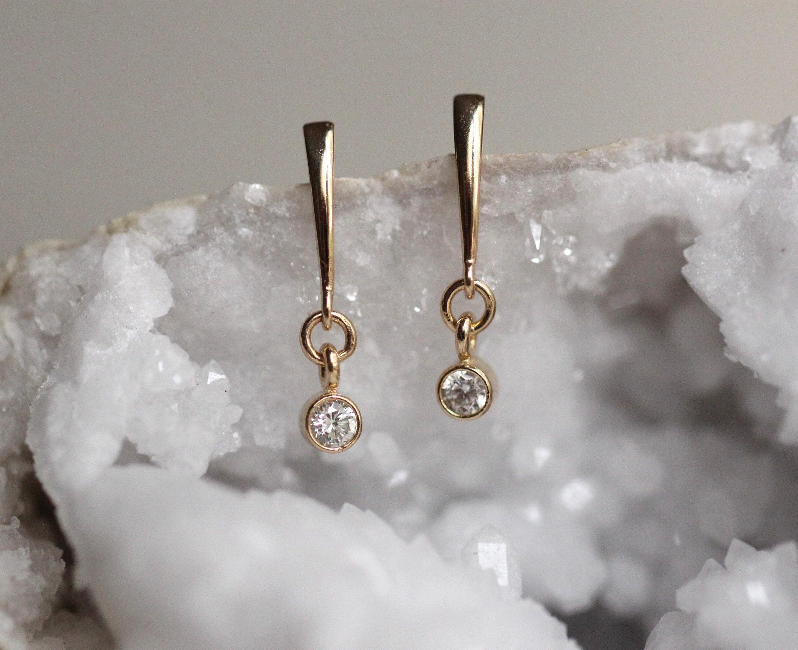 14K Gold Dangle Diamond Earrings, Drop Earrings, Post Dangle Earrings, Bezel Earrings, Bridal Earrings, Solid Gold Earrings, Gift for Her