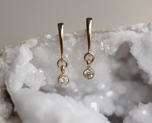 14K Gold Dangle Diamond Earrings, Drop Earrings, Post Dangle Earrings, Bezel Earrings, Bridal Earrings, Solid Gold Earrings, Gift for Her