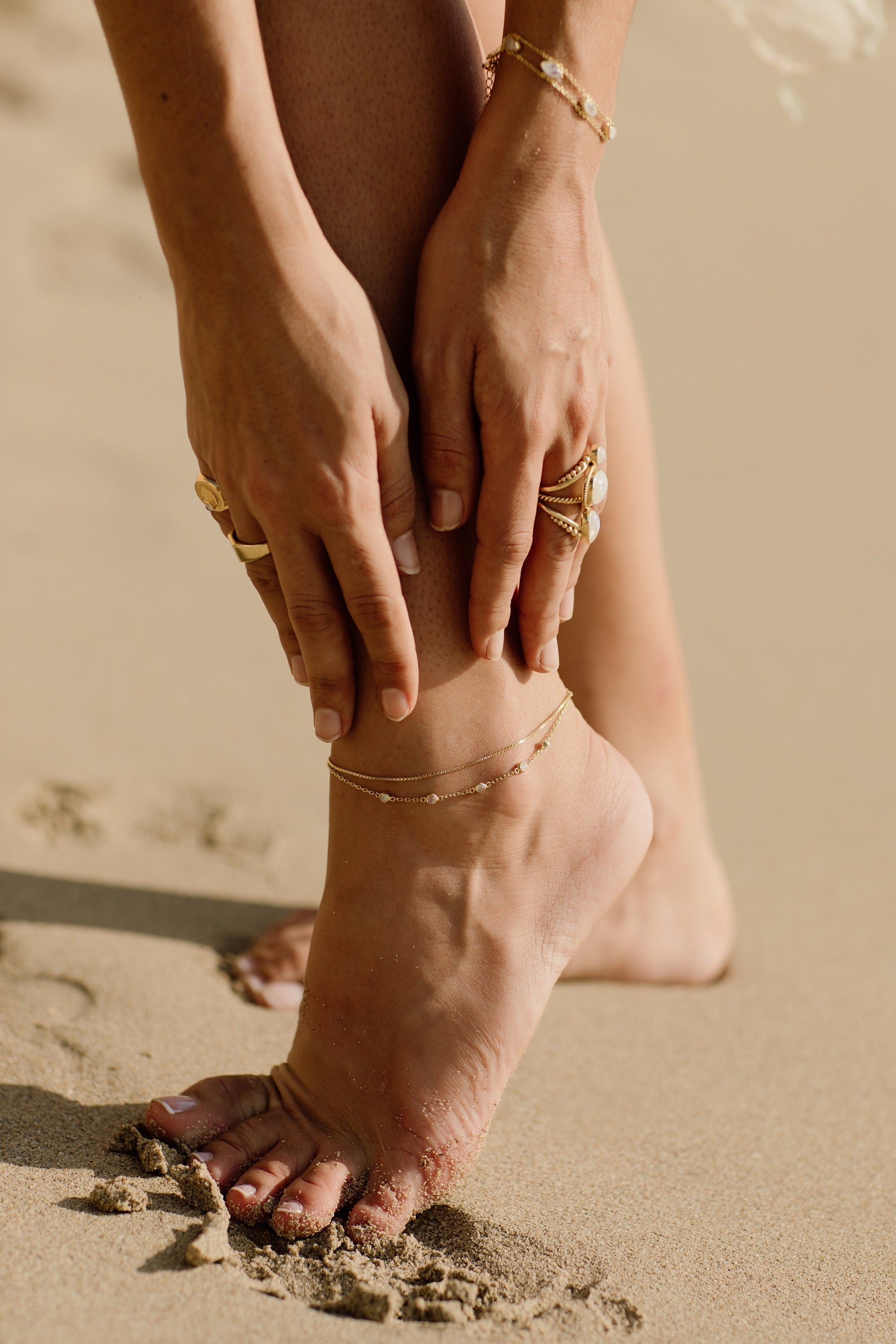 Cleo 14K Gold Moonstone Anklet, Fine Dainty Double Chained Anklet, June Birthstone, Boho Dainty Cute Two Layers Gold Anklet, Gift for Her