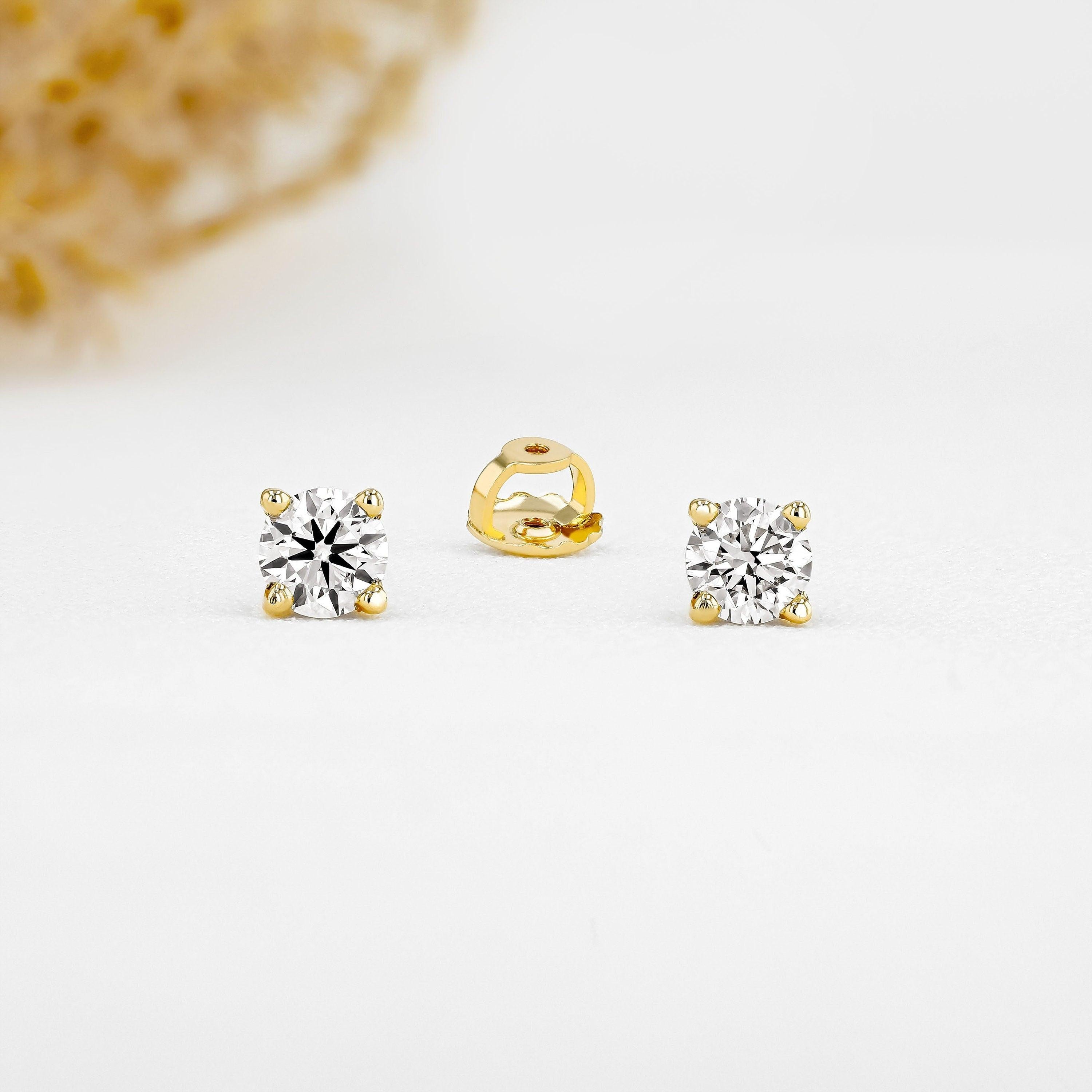 Stunning 14K Gold Natural Diamond Solitaire Stud Earring with Secure Screw Back.