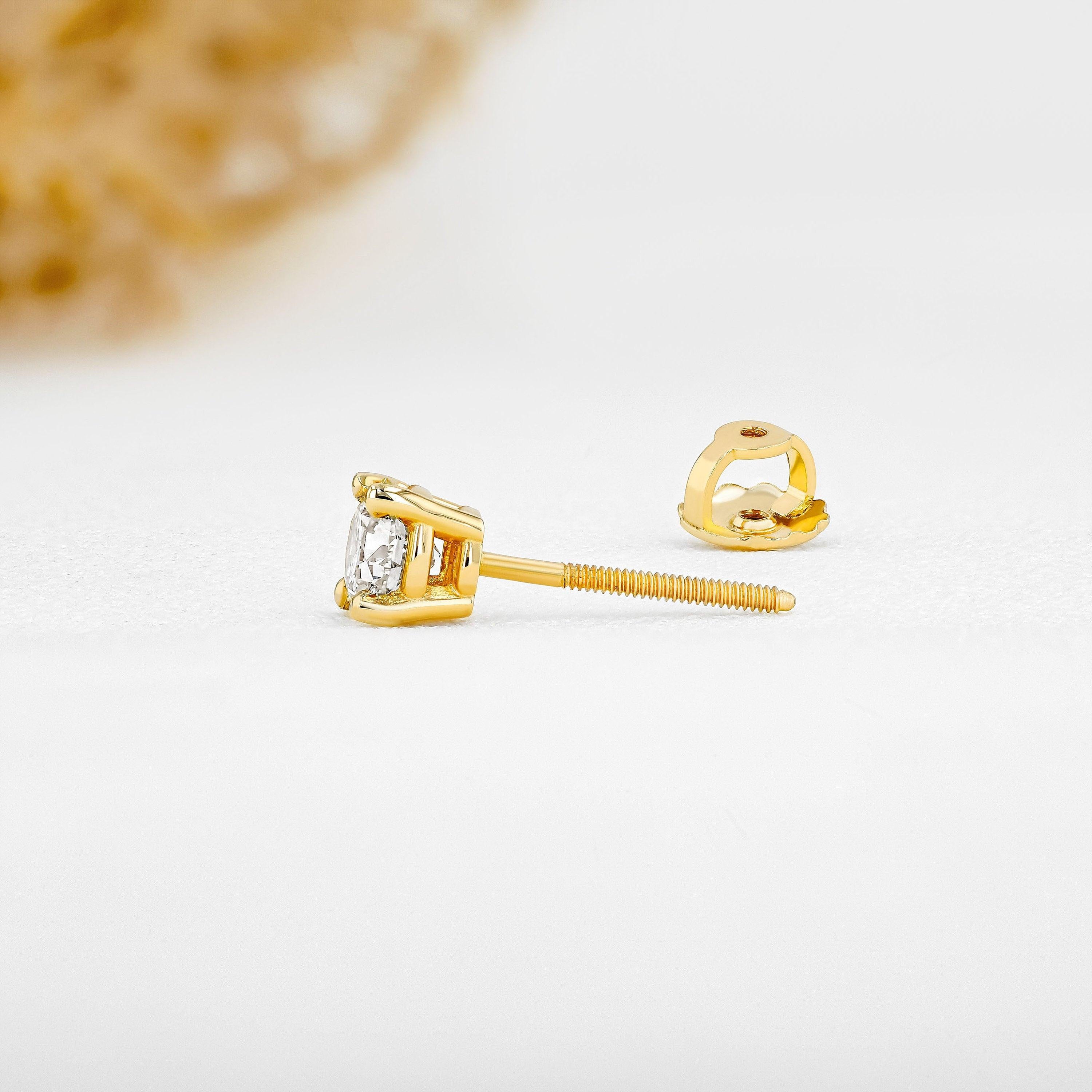 Stunning 14K Gold Natural Diamond Solitaire Stud Earring with Secure Screw Back.