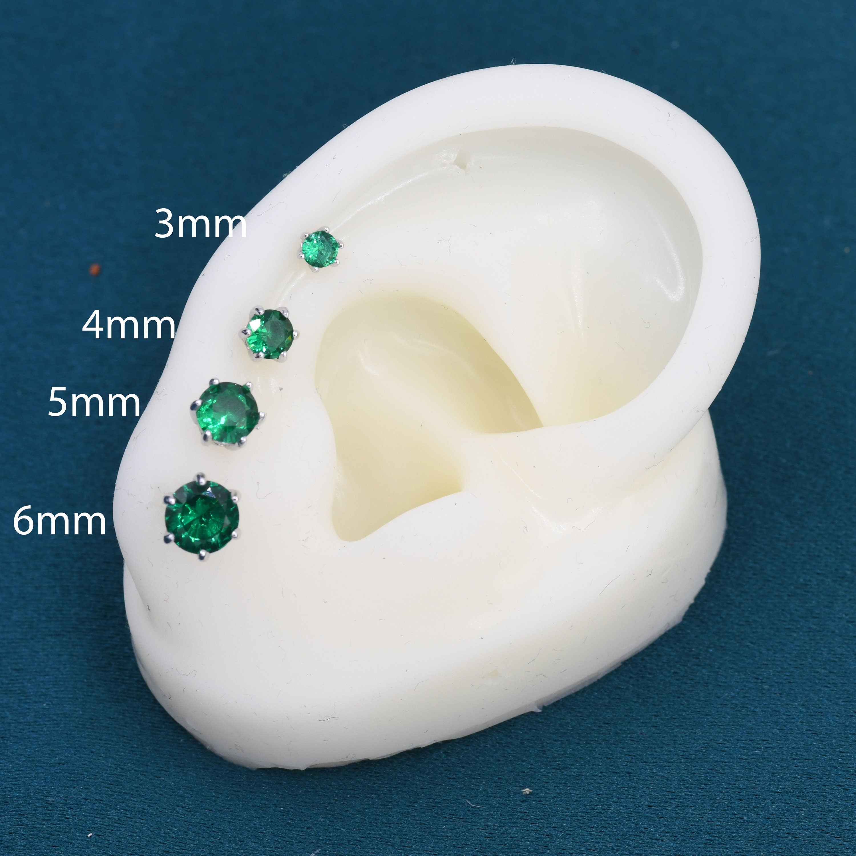 Emerald Green CZ Stud Earrings in Sterling Silver, Available in 3Mm 4Mm 5Mm 6Mm, Brilliant Cut Emerald Green CZ Earrings, Prong Set