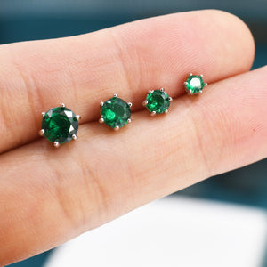 Emerald Green CZ Stud Earrings in Sterling Silver, Available in 3Mm 4Mm 5Mm 6Mm, Brilliant Cut Emerald Green CZ Earrings, Prong Set