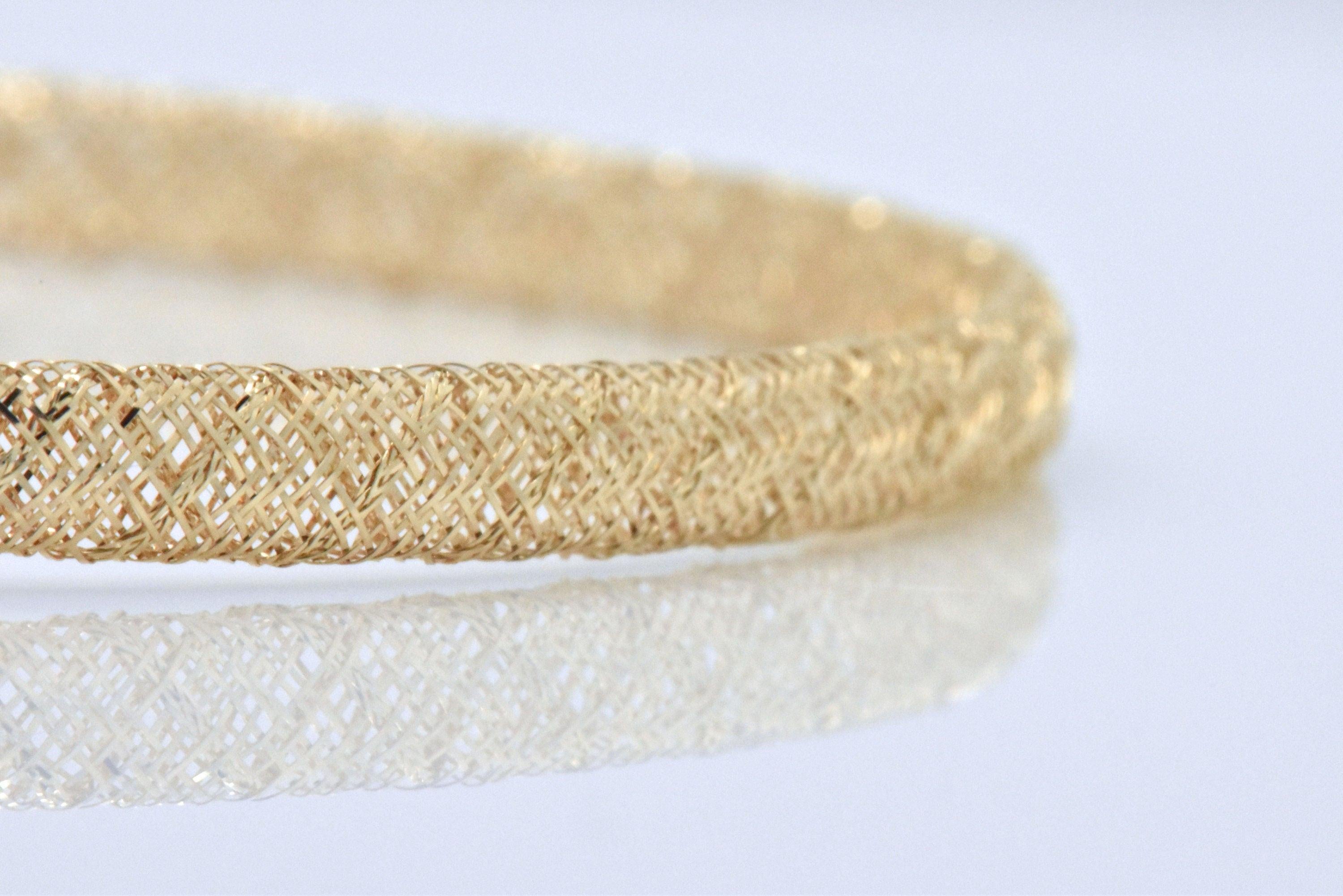 Elegant 14K Yellow Gold Mesh Bracelet - 7 Inch Flexible Slip-On Lightweight Design.