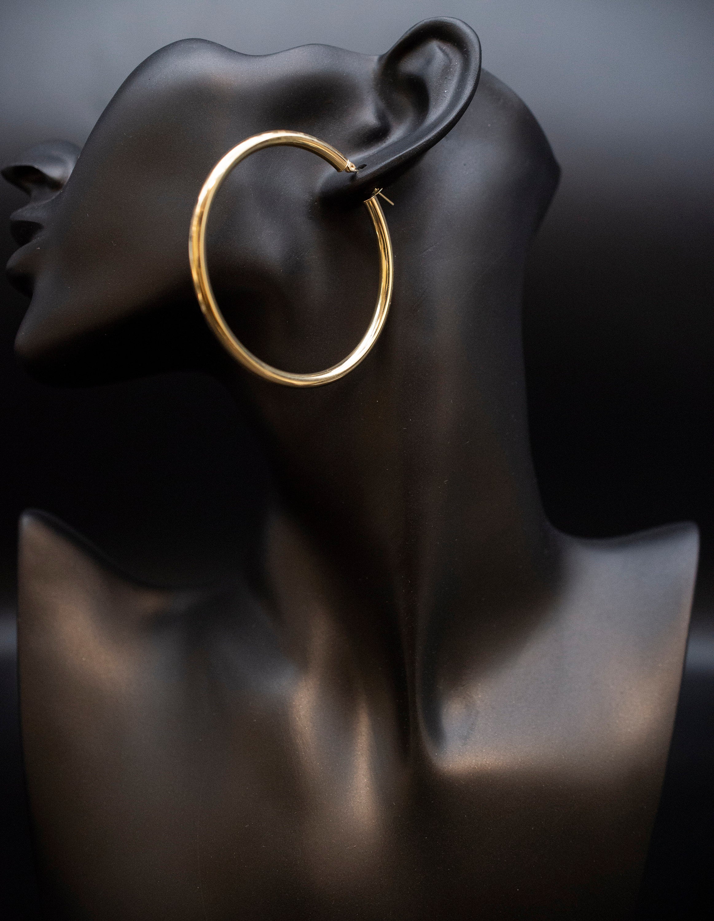 Real 10K Yellow Gold Hoop Earrings 2Mm, 3Mm, 4Mm Thickness, 15Mm-70Mm Gold Hoop Earrings