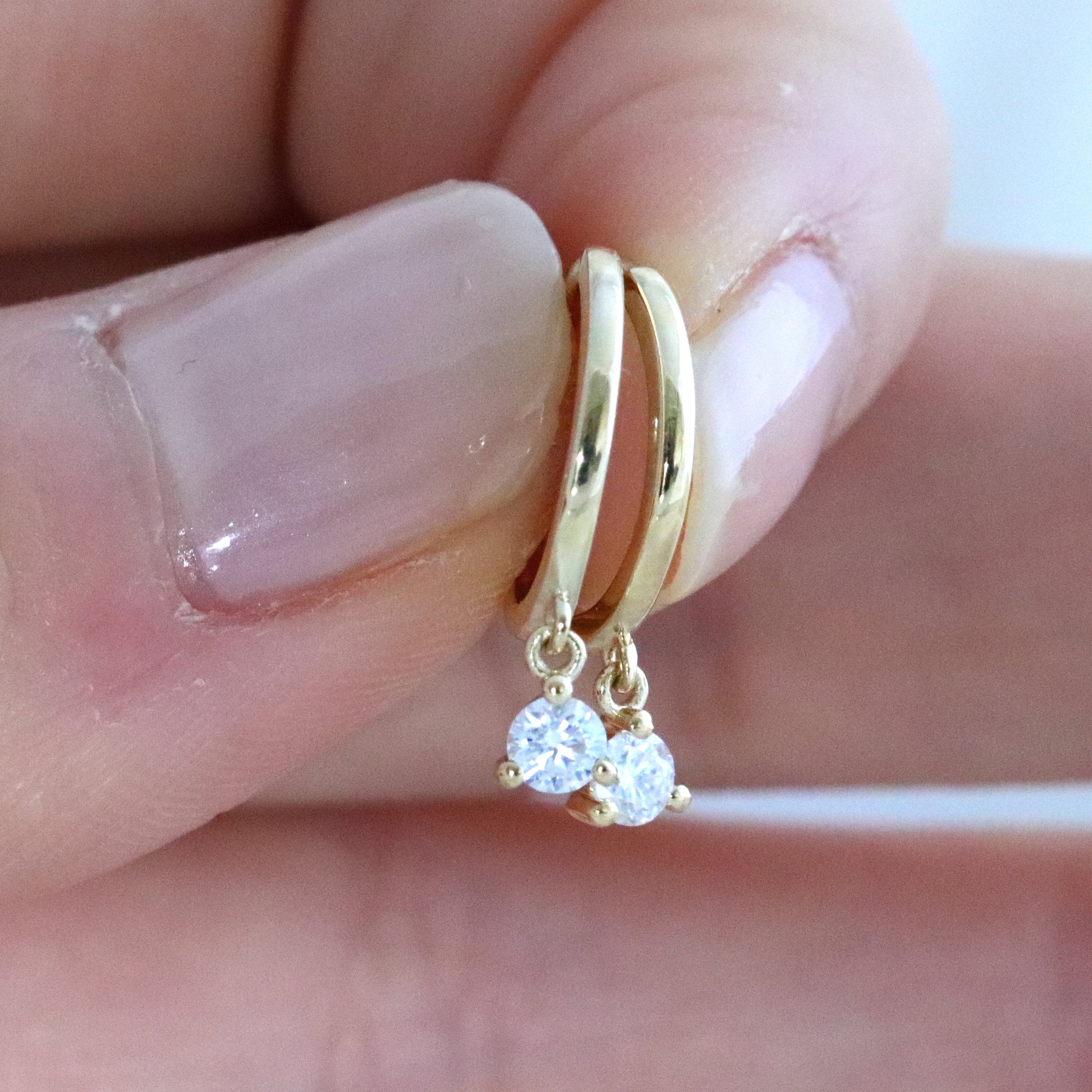 Solid Gold Moissanite Drop Huggie Hoops: Dainty Sleeper Earrings