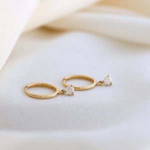 Solid Gold Moissanite Drop Huggie Hoops: Dainty Sleeper Earrings
