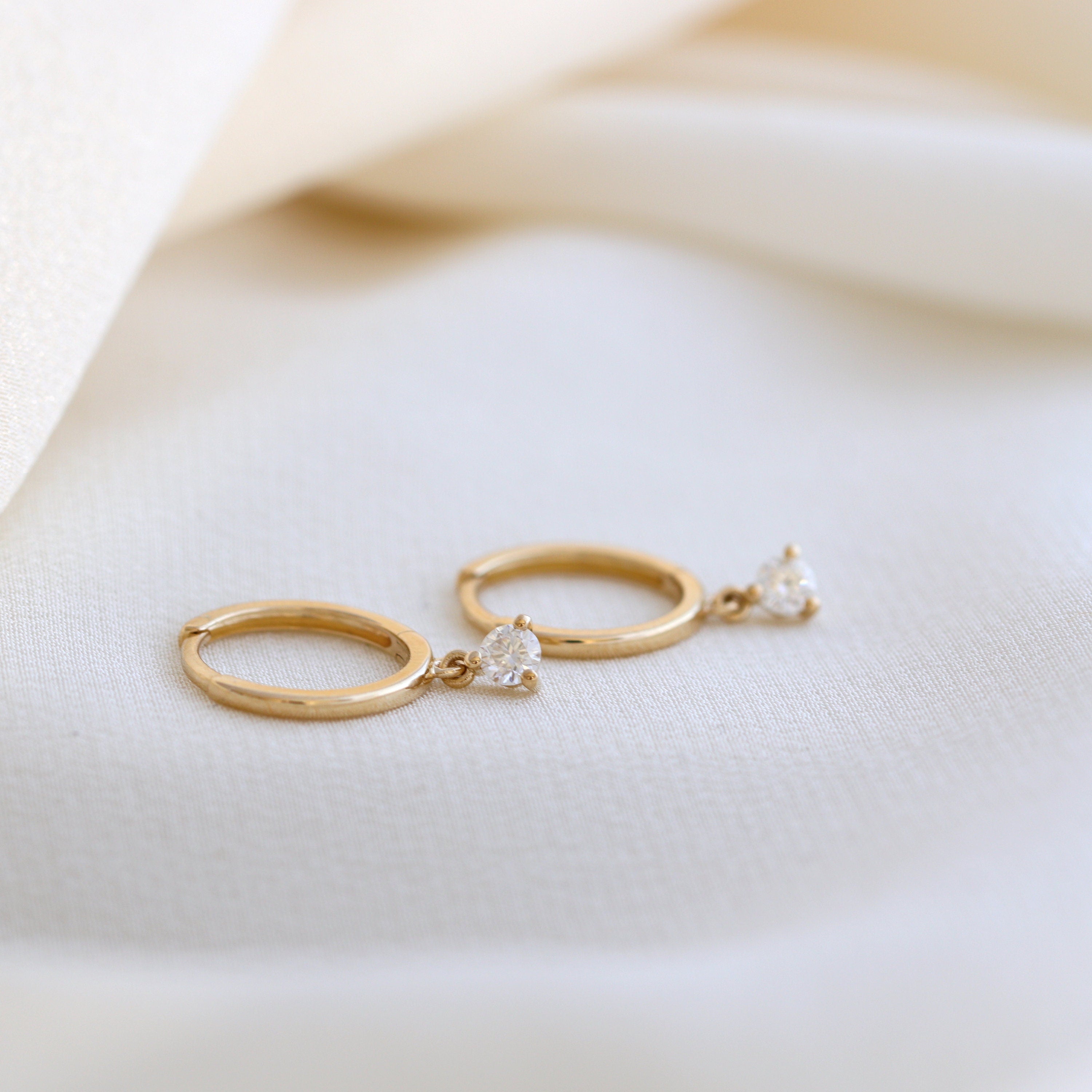 Solid Gold Moissanite Drop Huggie Hoops: Dainty Sleeper Earrings