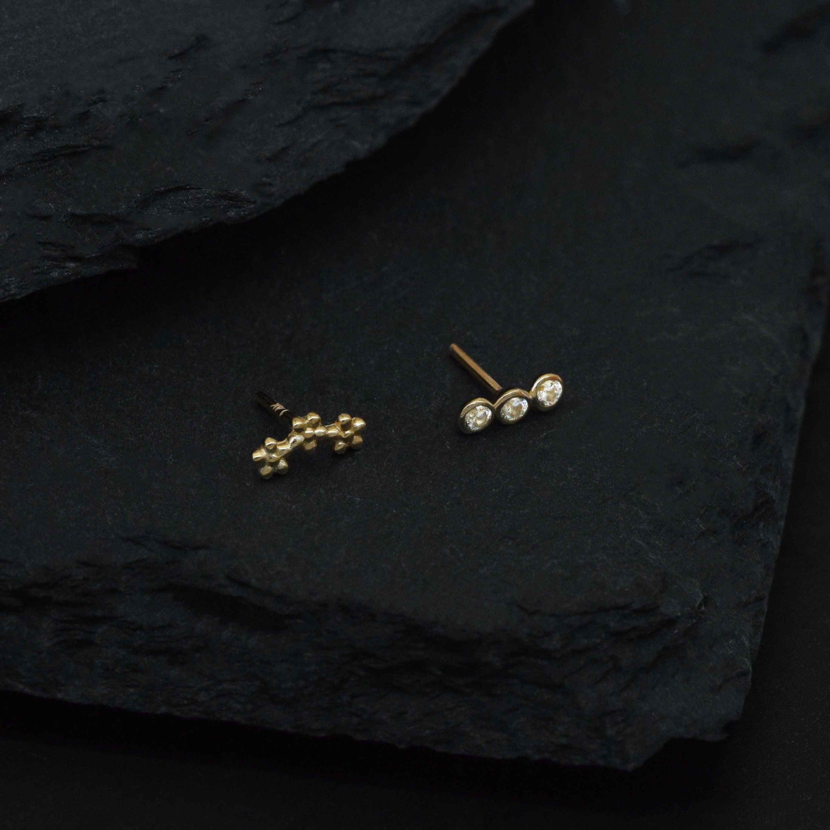 14K Solid Gold Trinity CZ Flat Back Stud Earring – Dainty Flower Sparkle for Cartilage, Helix, Tragus & Lobe Piercings.