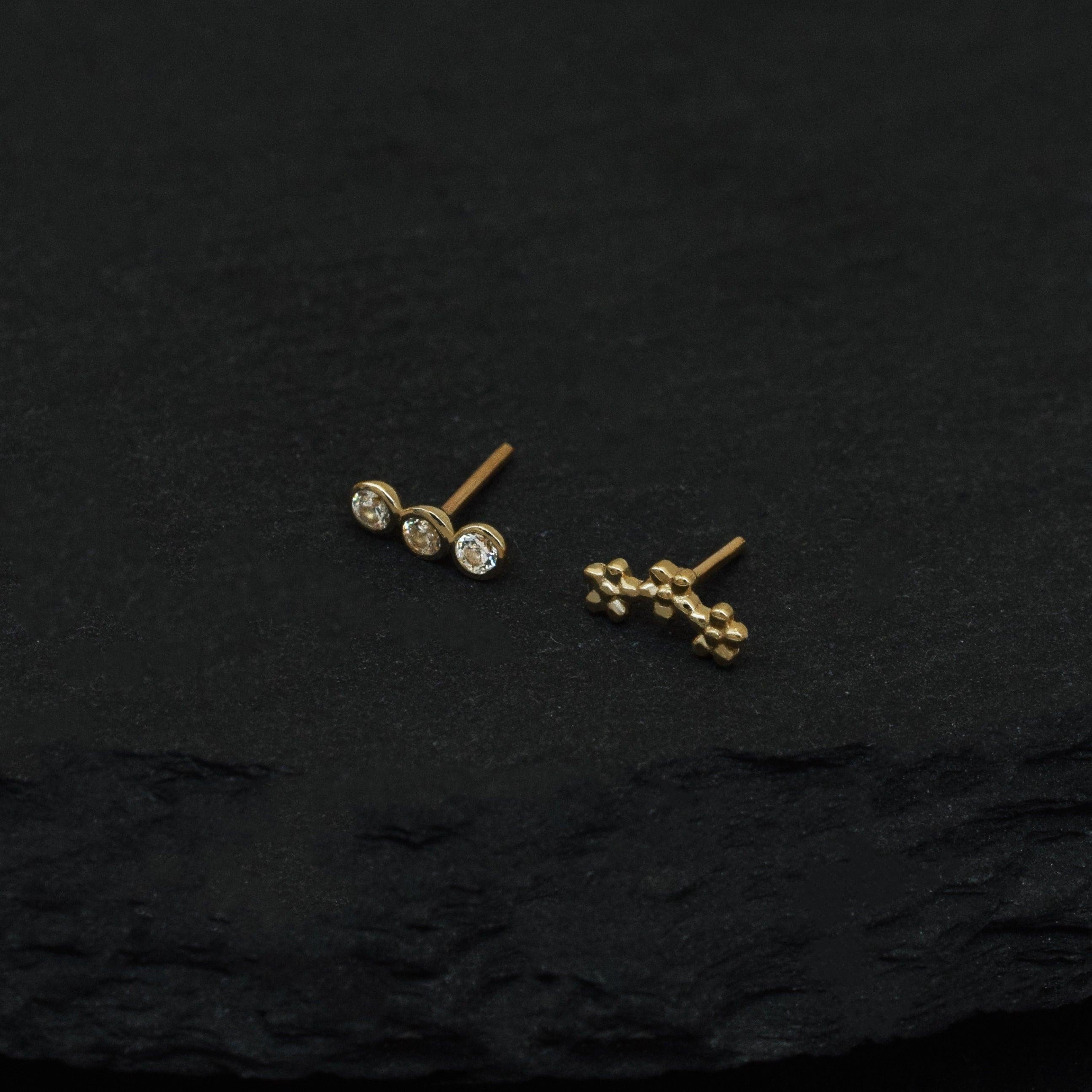 14K Solid Gold Trinity CZ Flat Back Stud Earring – Dainty Flower Sparkle for Cartilage, Helix, Tragus & Lobe Piercings.