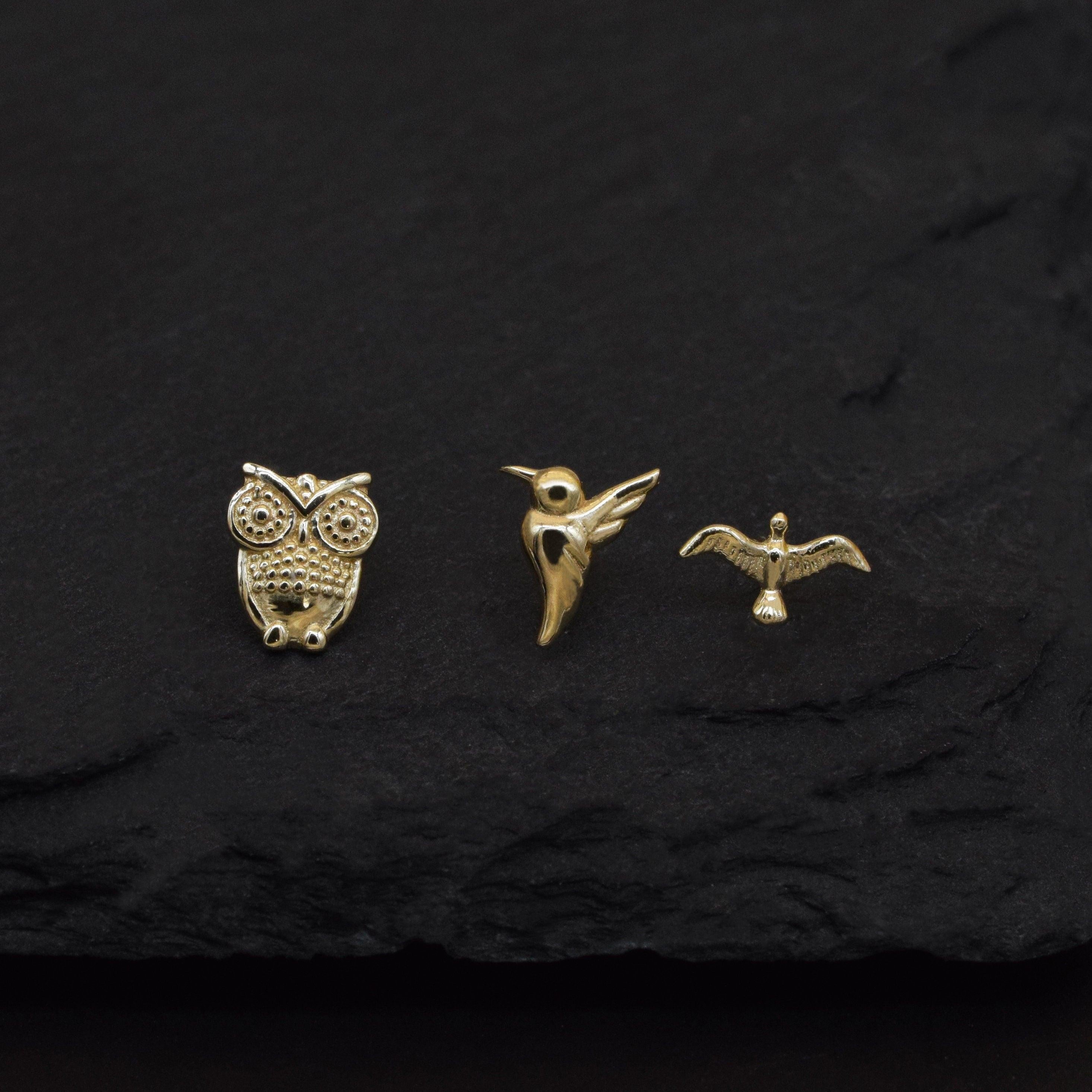 Dazzling 14K Solid Gold Bird Stud Earrings - Owl, Hummingbird & Eagle for Helix, Conch & Tragus.