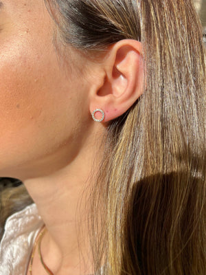 14K Gold CZ Pave Open Circle Stud Earrings, Geometric Halo