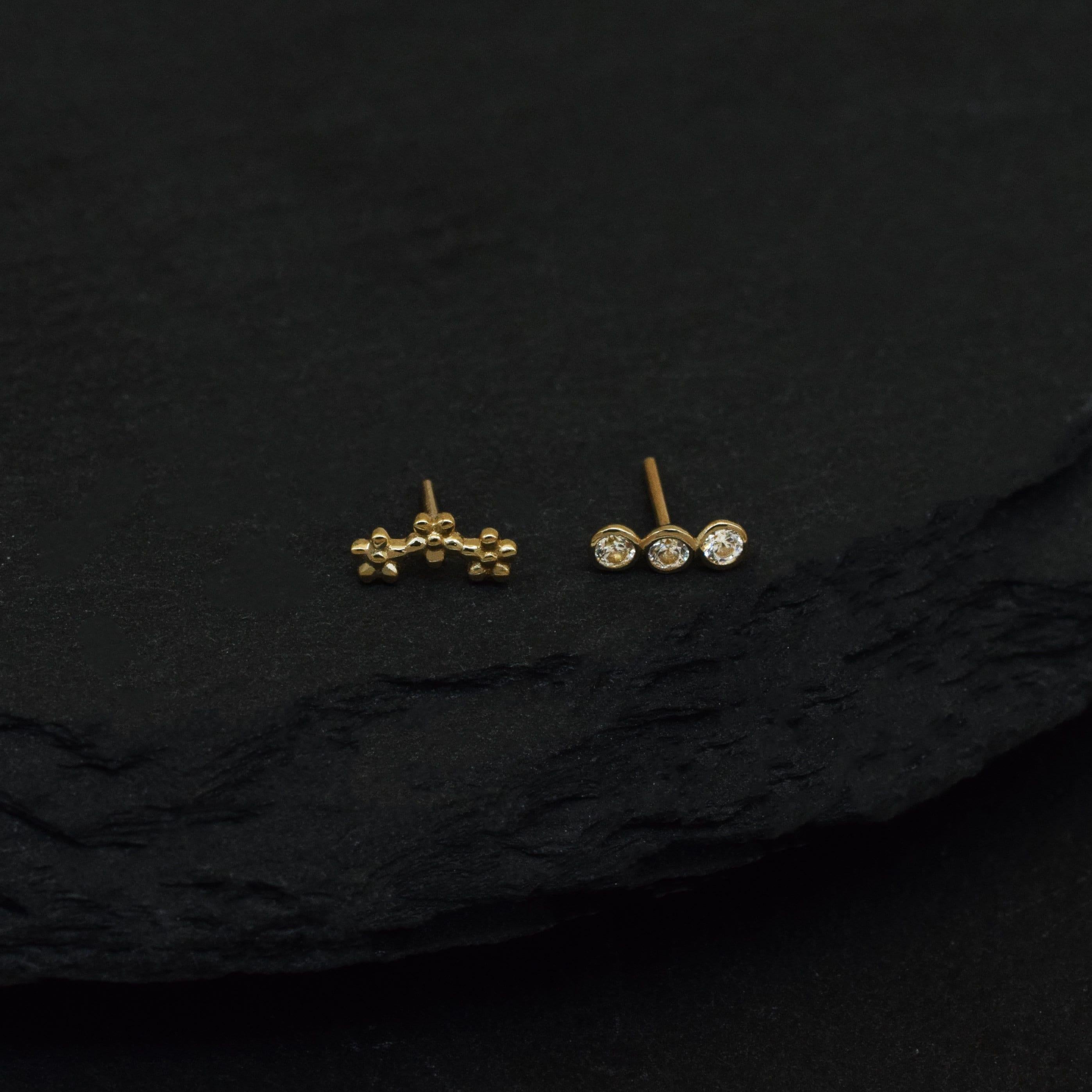 14K Solid Gold Trinity CZ Flat Back Stud, Dainty Flower Tragus Helix Cartilage Earring.