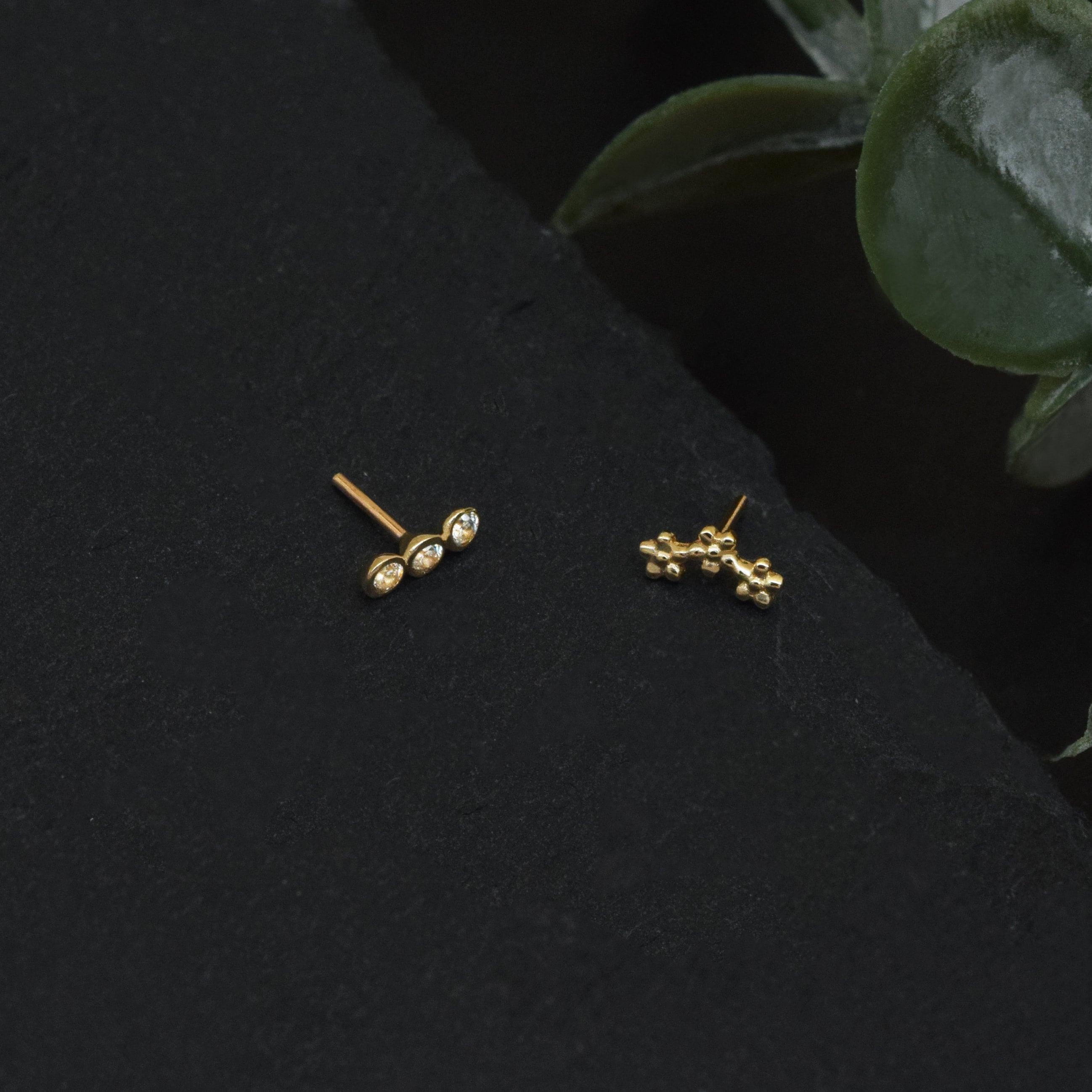 14K Solid Gold Trinity CZ Flat Back Stud Earring – Dainty Flower Sparkle for Cartilage, Helix, Tragus & Lobe Piercings.