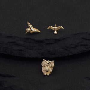 Dazzling 14K Solid Gold Bird Stud Earrings - Owl, Hummingbird & Eagle for Helix, Conch & Tragus.