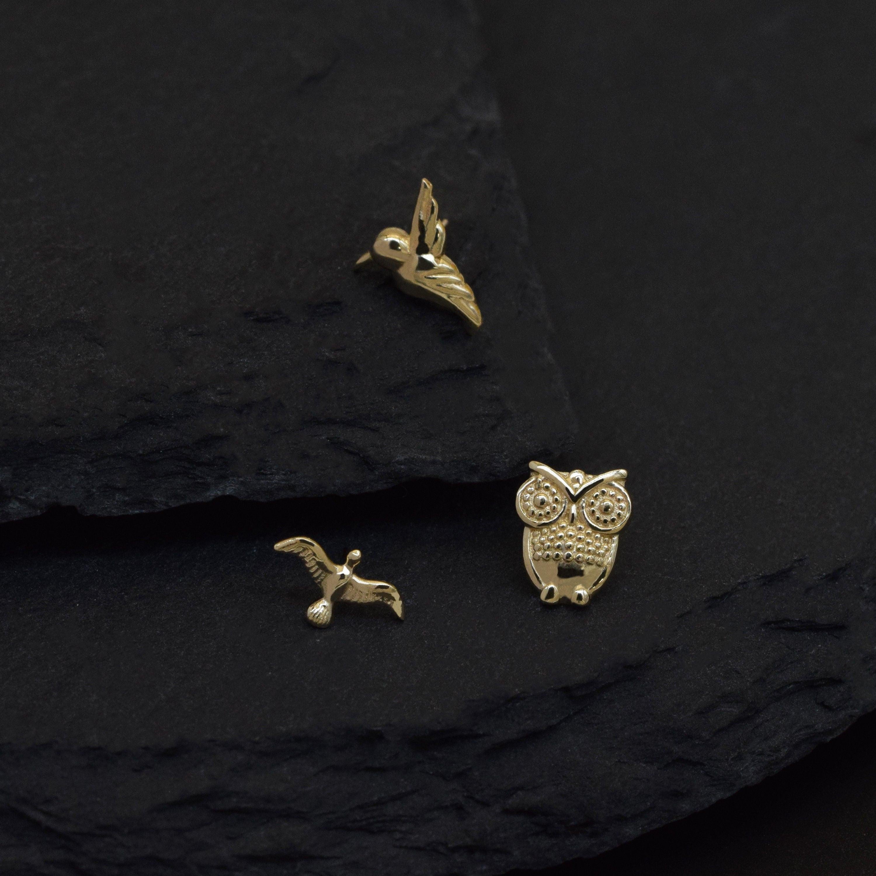 Dazzling 14K Solid Gold Bird Stud Earrings - Owl, Hummingbird & Eagle for Helix, Conch & Tragus.