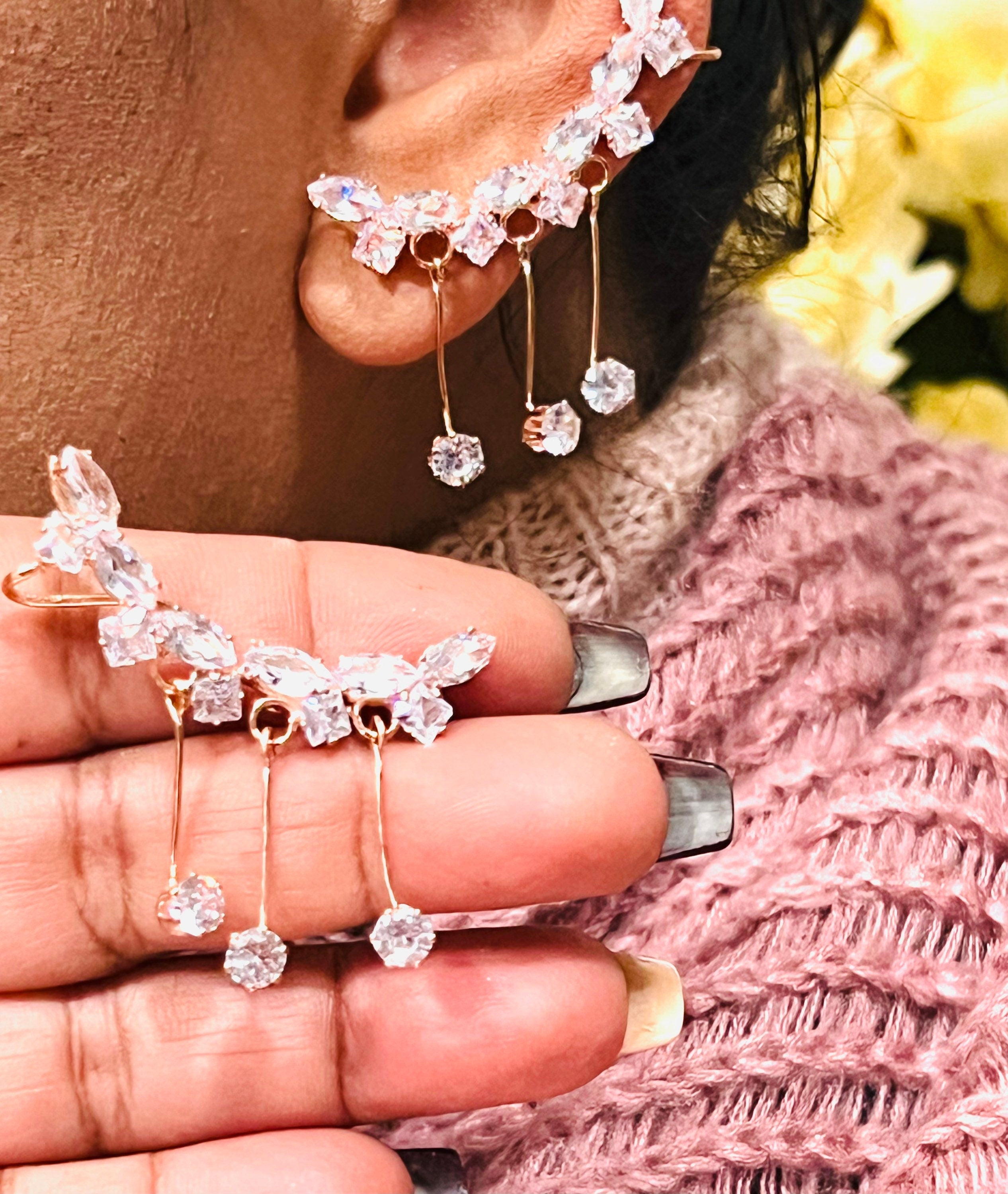 Rose Gold/Ear Cuff/Pair/2/Clearance/Diamond Ear Cuff/Ear Jewelry/Pair/Cubic Zirconia Earrings/Clip Earnings/Cz Earrings