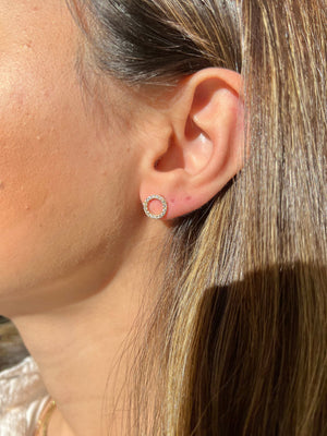 14K Gold CZ Pave Open Circle Stud Earrings, Geometric Halo