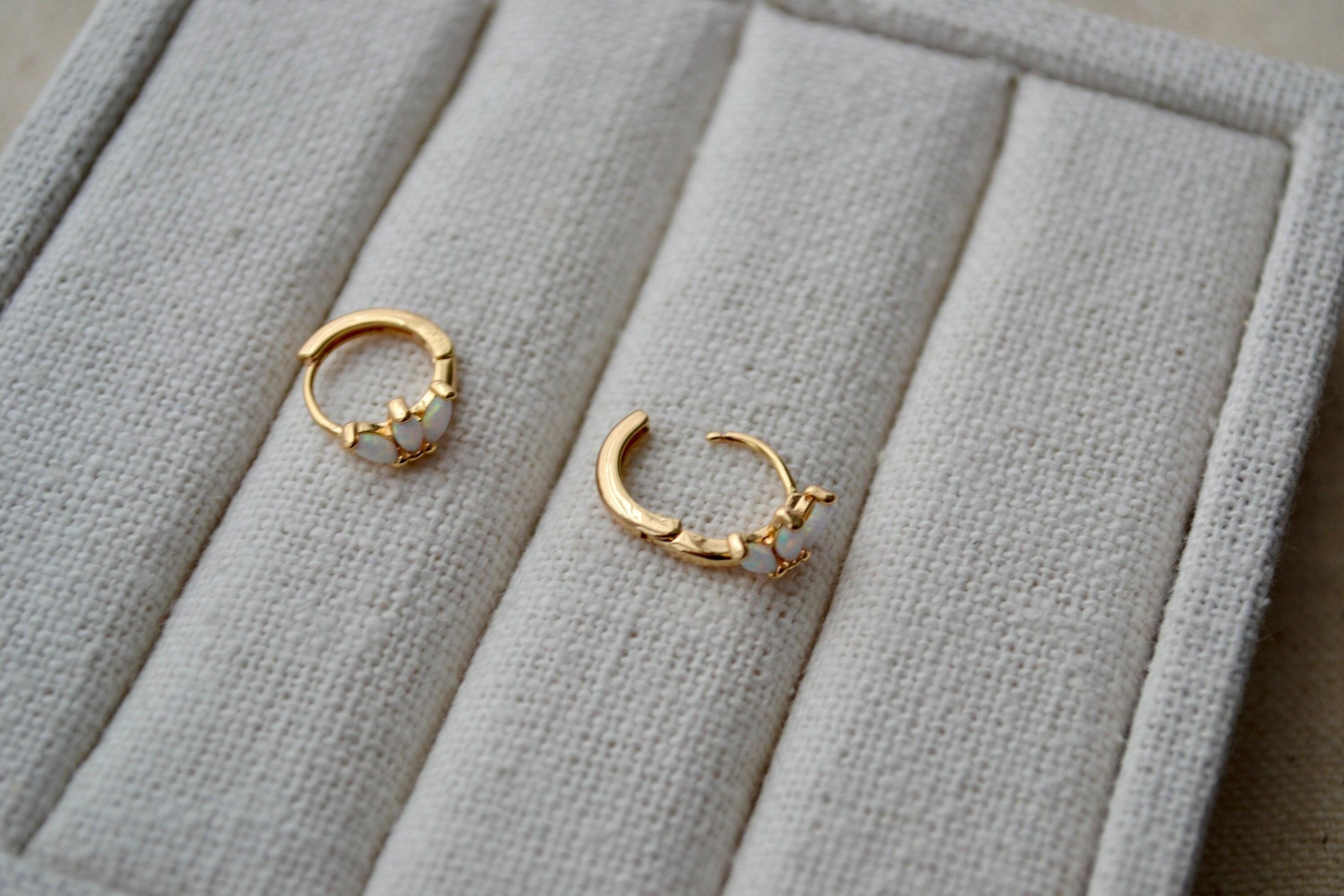 14K Gold Filled White Opal Marquise Huggie Hoop Earrings – Dreamy Gemstone Hoops for Birthdays & Everyday Luxe.