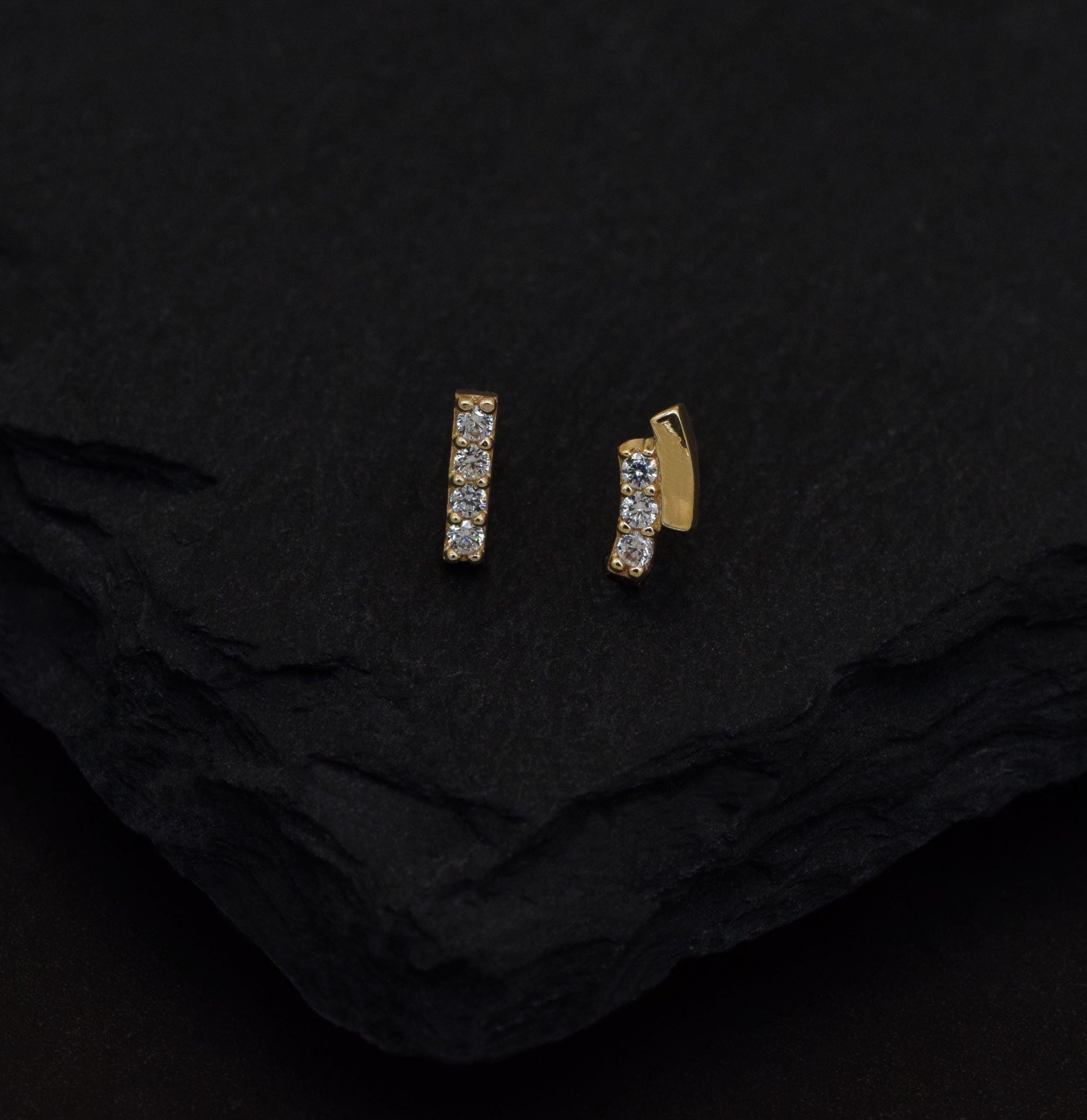 14K Solid Gold Curved Bar Cartilage Stud Earring - Flat Back Rectangle Design for Helix, Conch, Tragus & Labret.
