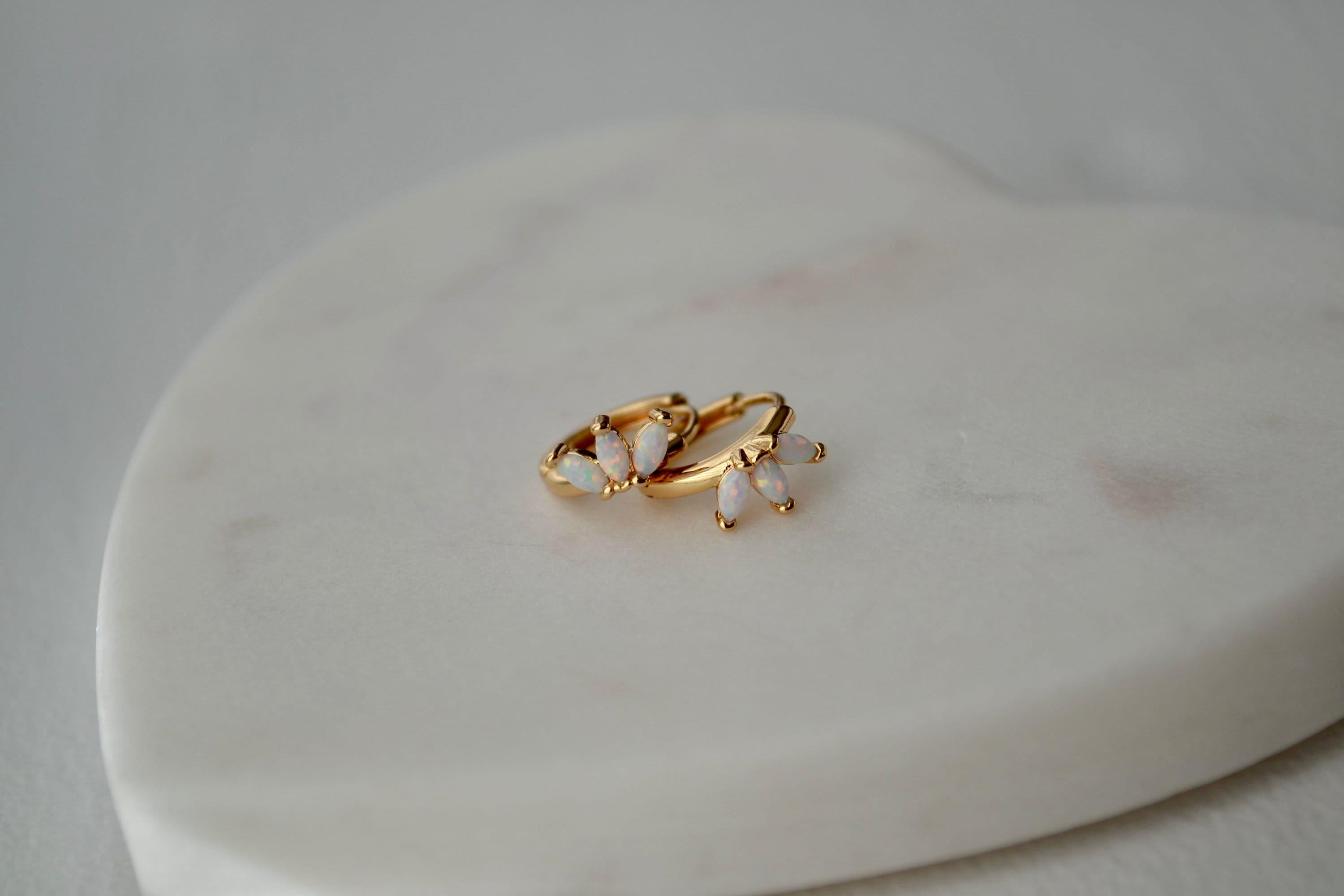 14K Gold Filled White Opal Marquise Huggie Hoop Earrings – Dreamy Gemstone Hoops for Birthdays & Everyday Luxe.