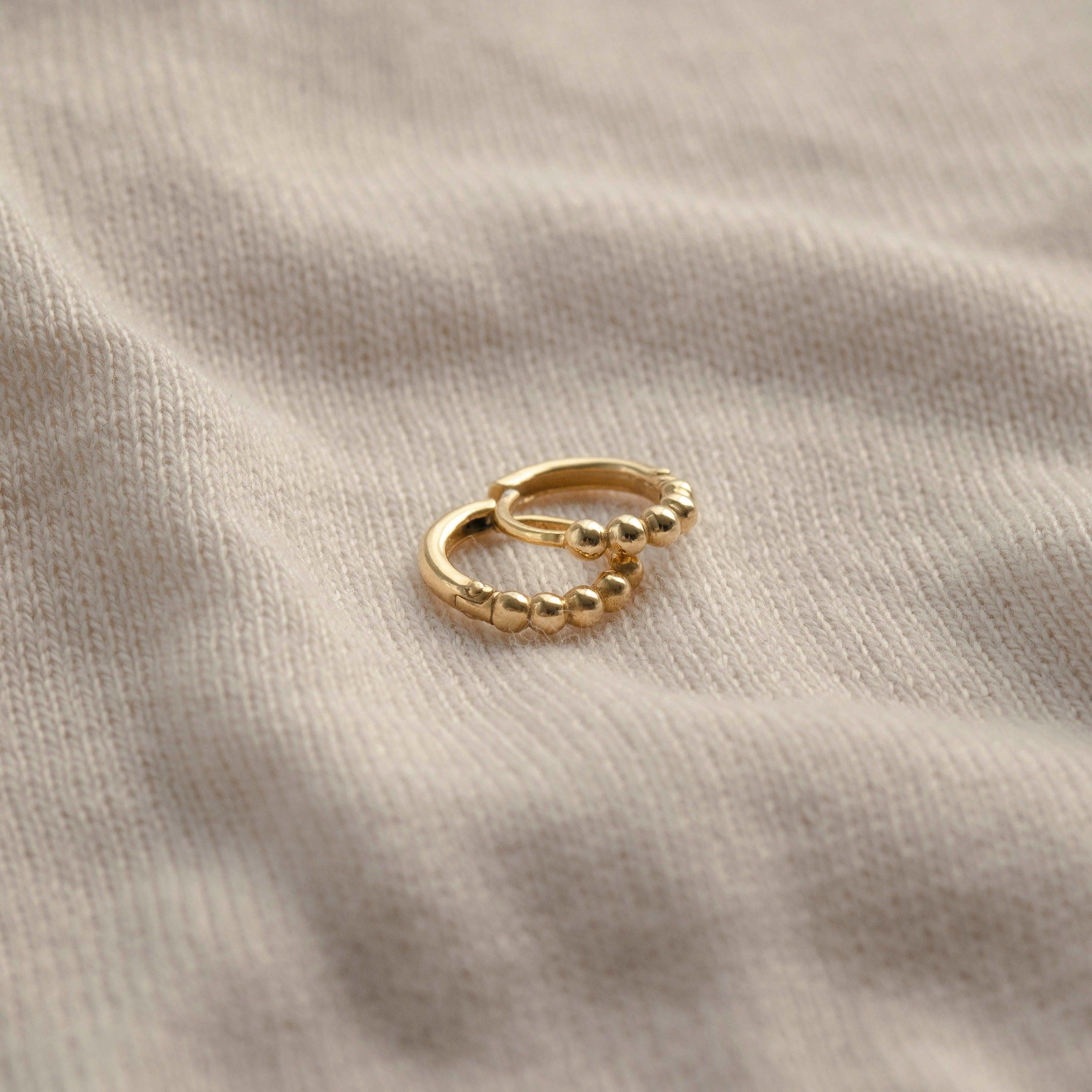 Dainty 14K Gold Beaded Huggie Hoop Earrings - Elegant Solid Gold Pair.