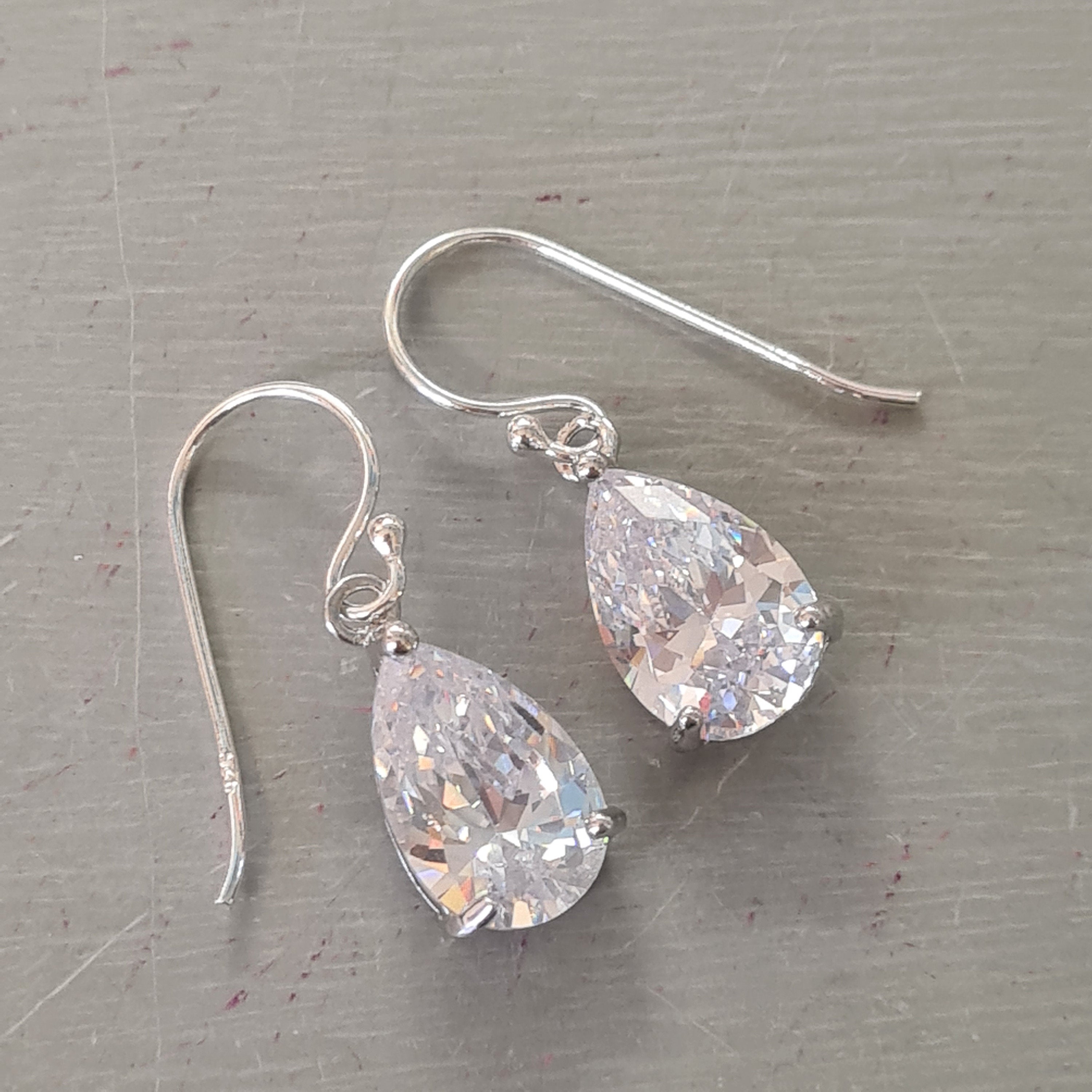 Small CZ Diamond Teardrop Earrings Sterling Silver Teardrop Wedding Earrings Dainty Crystal Drop Bridal Earrings Sparkly Prom Jewellery Gift